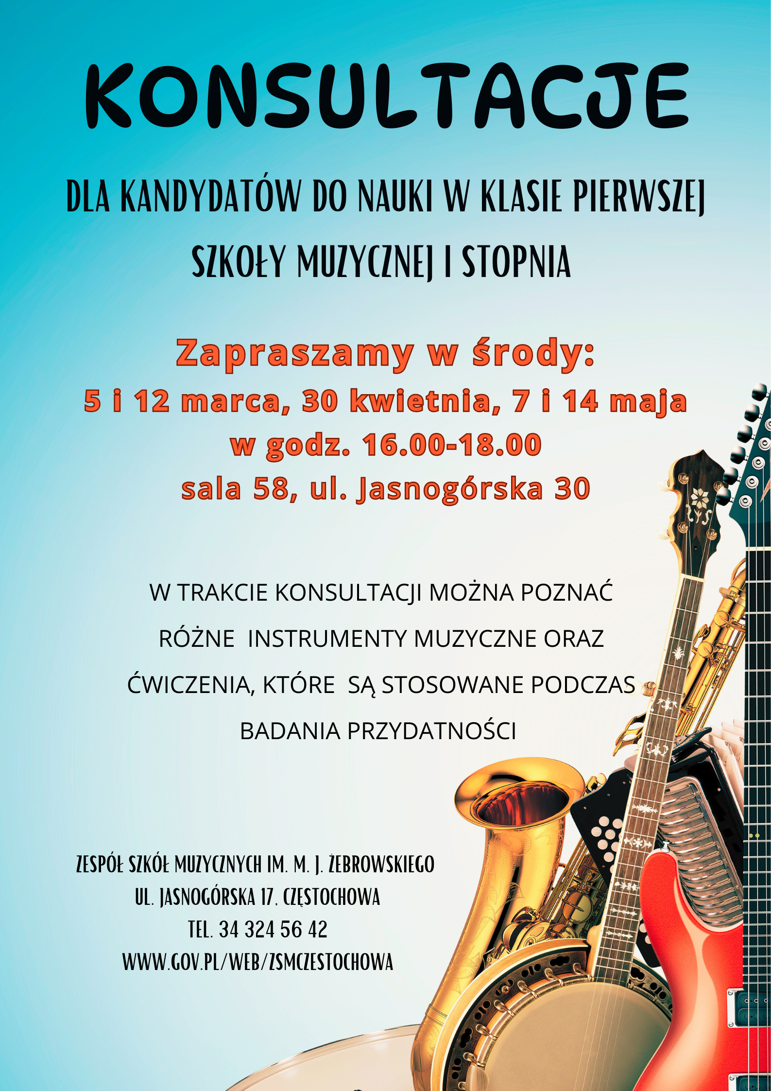 Błękitne tło, zdjęcie instrumentów, tekst dotyczący konsultacji dla kandydatów do SM I st.