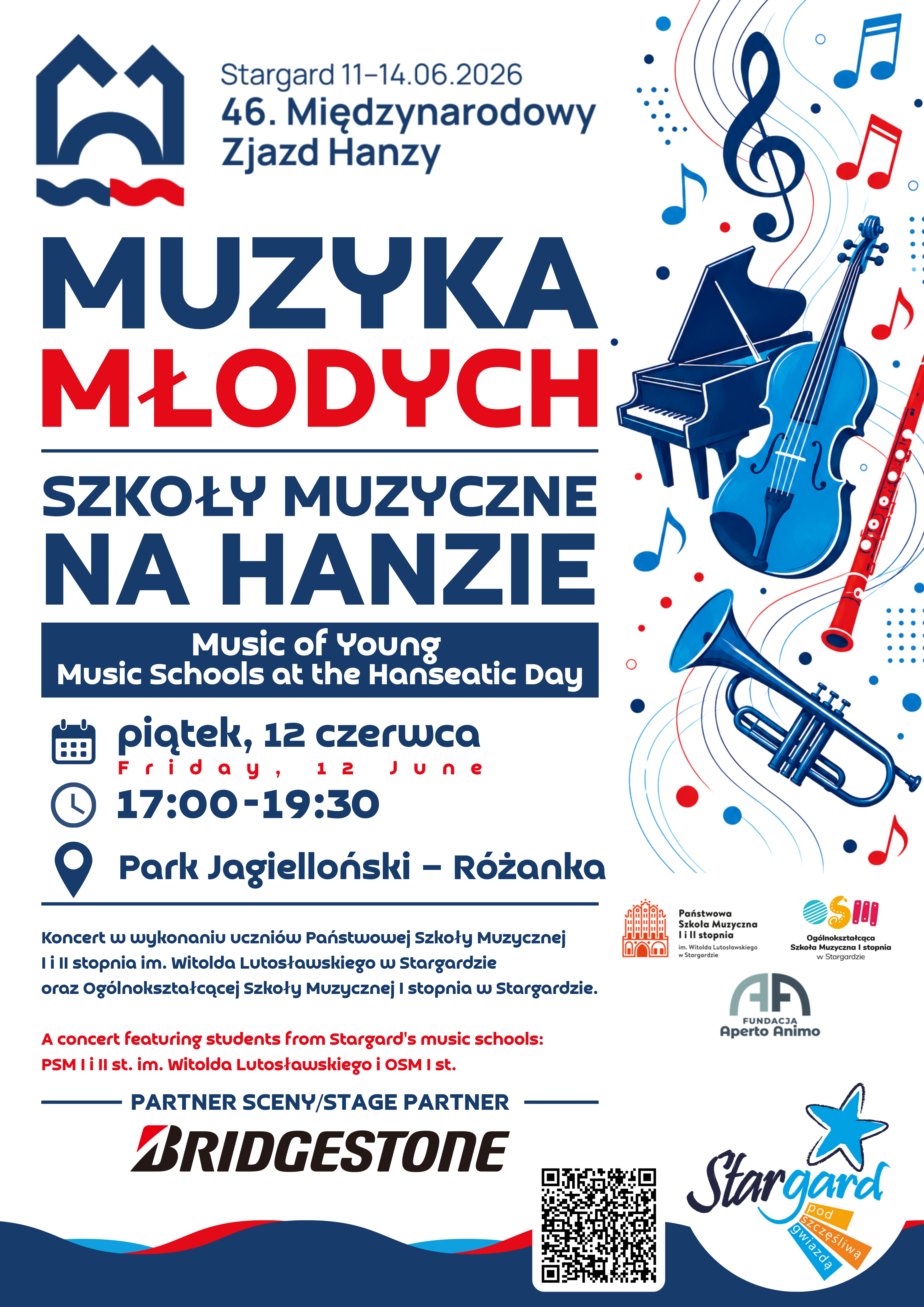 Plakat informujący o koncercie podczas 46. Międzynarodowego Zjazdu Hanzy w dniu 12 czerwca 2026 - Muzyka Młodych I Szkoły muzyczne na Hanzie w godzinach od 17.00 do 19.30 w Parku Jagiellońskim - Różanka. Plakat ma białe tło. Po lewej stronie znajdują się informacje tekstowe zapisane w kolorach granatowym i czerwonym. Prawą część plakatu zdobią grafiki instrumentów muzycznych – fortepianu, skrzypiec, klarnetu oraz trąbki. Instrumenty zostały oplecione pięciolinią, nutami i kluczem wiolinowym, co podkreśla muzyczny charakter wydarzenia. W dolnej części plakatu umieszczono logotypy obu szkół muzycznych PSM I i II stopnia im. Witolda Lutosławskiego i OSM I stopnia w Stargardzie, Miasta Stargard oraz sponsorów wspierających przedsięwzięcie.