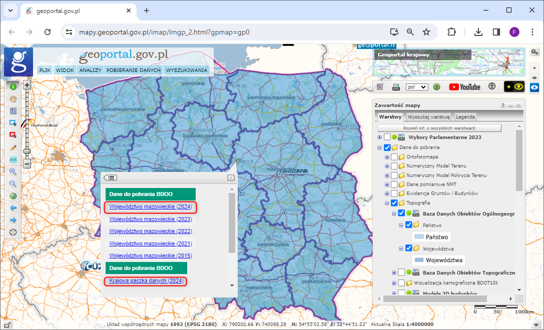 ilustracja przedstawia zrzut z serwisu www.geoportal.gov.pl prezentujący sposób pobierania danych BDOO w nowym modelu GML.