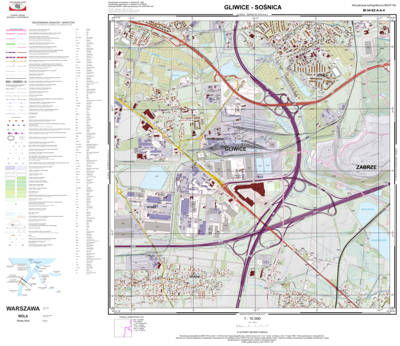 Ilustracja przedstawia zrzut ekranu z przykładową wizualizacją kartograficzną BDOT10k w skali 1:10 000 dla Gliwic.