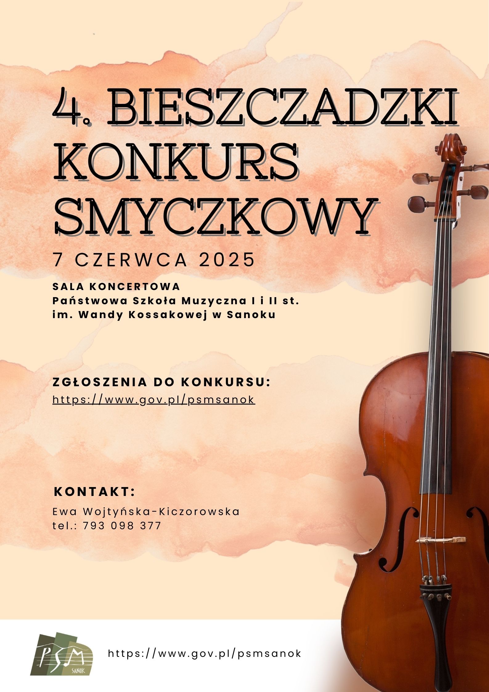 Plakat 4 Bieszczadzki Konkurs Skrzypcowy. Czarne litery, po prawej stronie skrzypce, brązowe tło