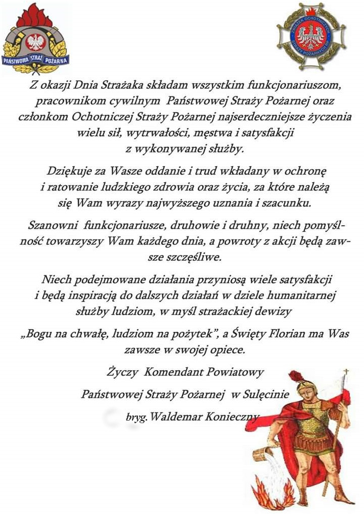 Życzenia Komendanta Powiatowego z okazji Dnia Strażaka