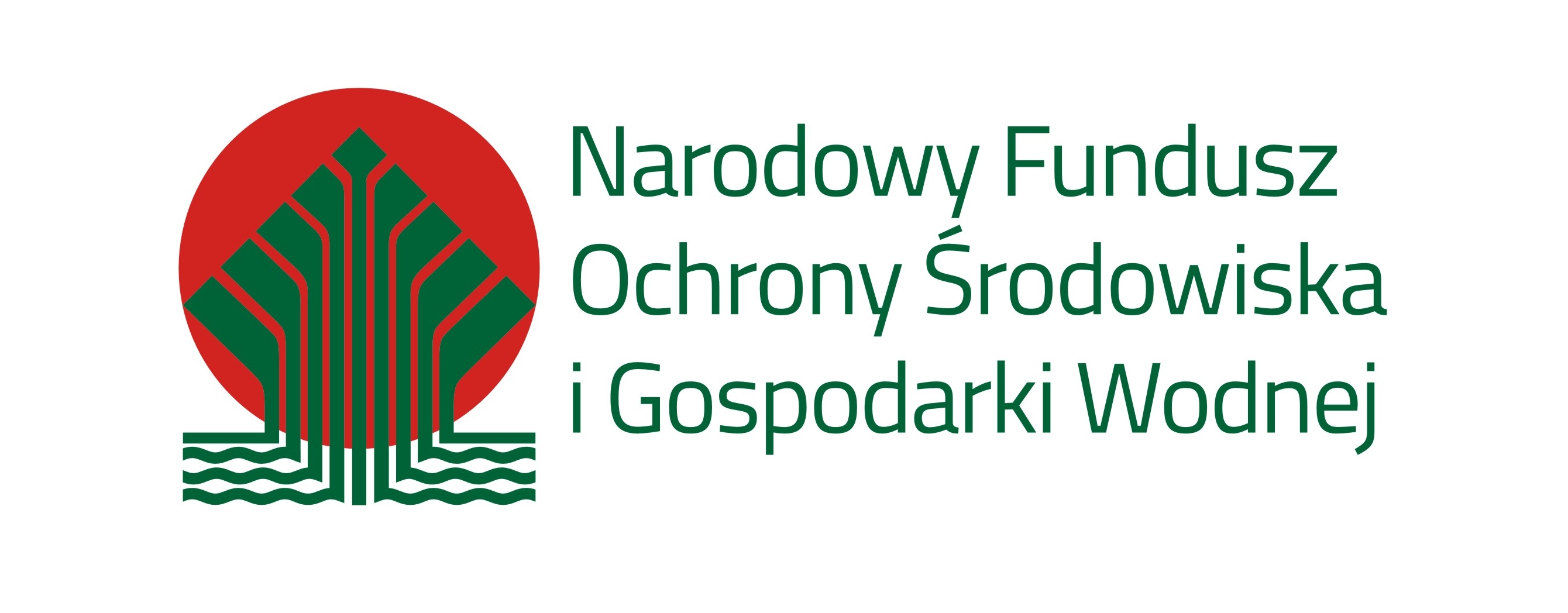 logo z napisem Narodowy Fundusz Ochrony Środowiska i Gospodarki Wodnej w kolorze zielonym, po lewej znaczek funduszu czerwone koło dziewięć linii o ziemnym kształcie przypominające drzewo - poziome korzenie, pionowe konary i poszerzające się linie w kształt rombu wpisanego w okrąg