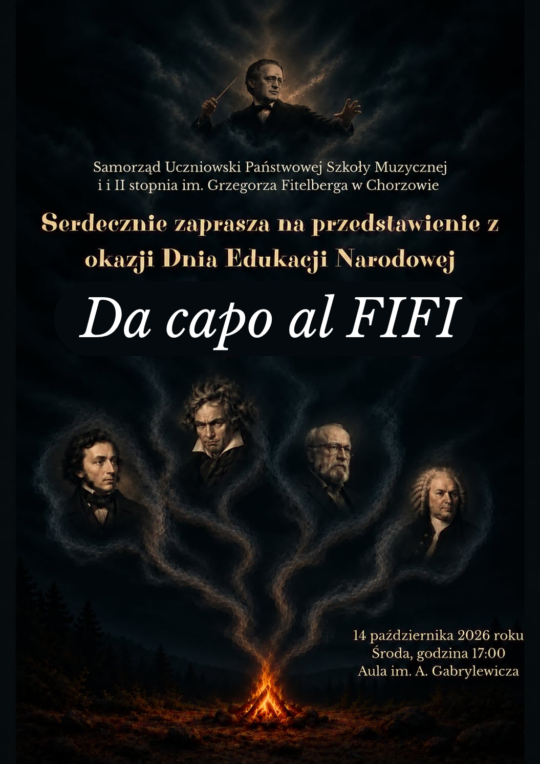 Plakat przedstawienia 'Da capo al FIFI' z okazji Dnia Edukacji Narodowej – 14 października 2026 r. o godz. 17:00 w Auli im. A. Gabrylewicza PSM w Chorzowie.