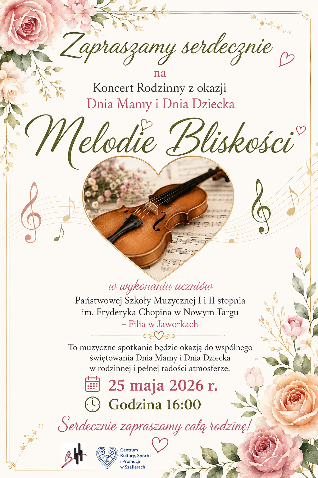Plakat ma niezwykle ciepłą, elegancką i wiosenną estetykę. Utrzymany jest w jasnej, kremowej kolorystyce, którą zdobią piękne, pastelowe róże oraz subtelne motywy serc i nut gwiezdnych. W samym centrum umieszczono grafikę w kształcie serca, przedstawiającą klasyczne skrzypce leżące na nutach w otoczeniu drobnych kwiatów.