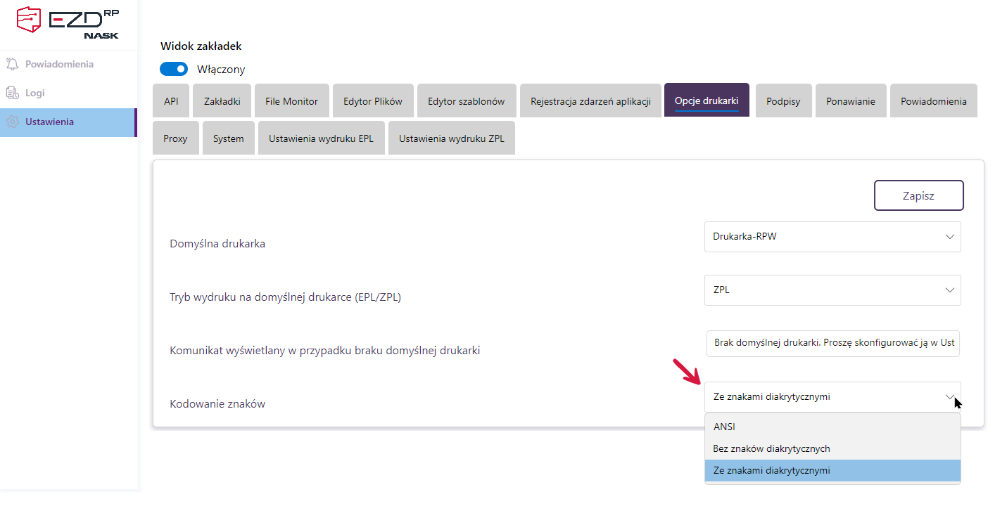 Wybór sposobu kodowania znaków w opcjach drukarki.