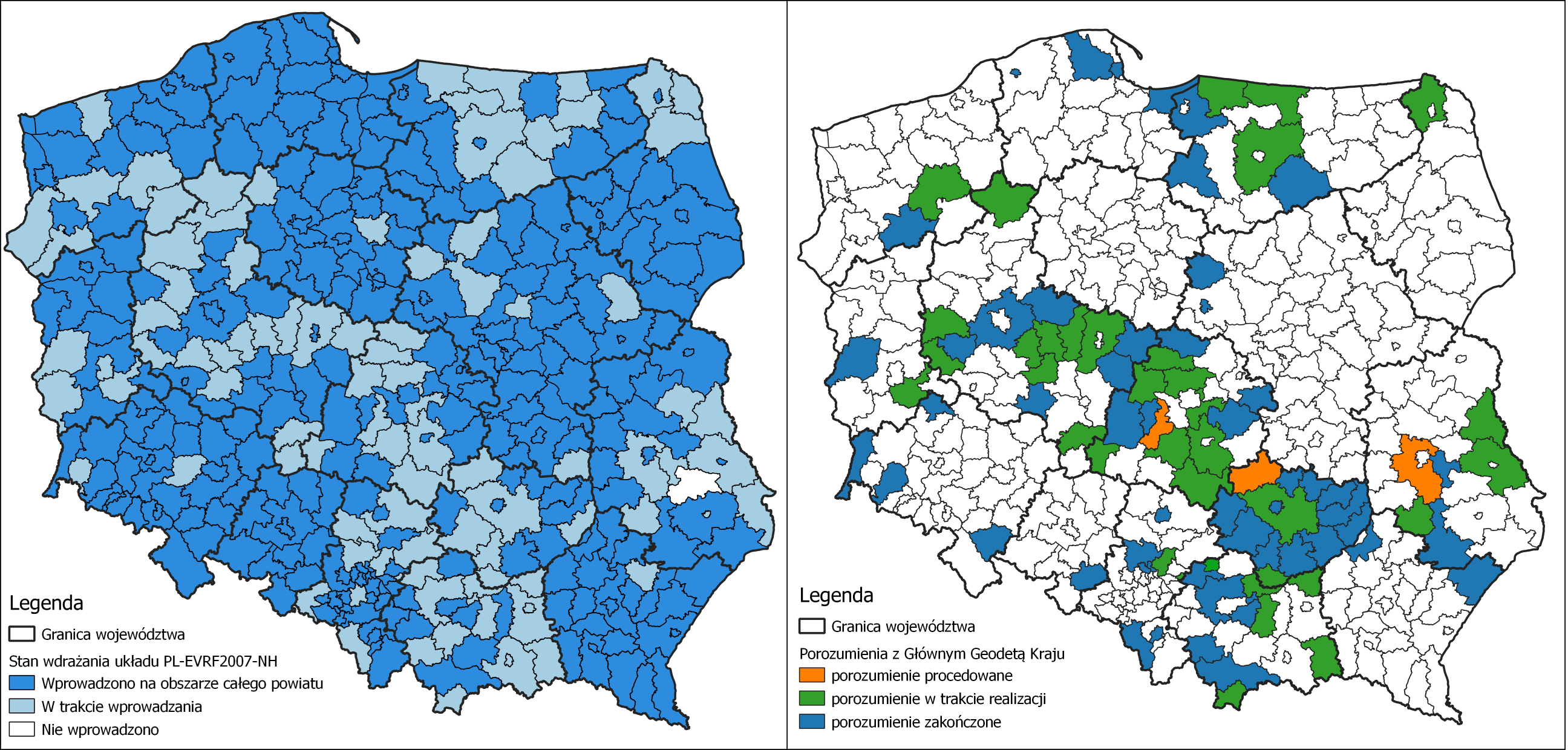 Ilustracja przedstawia zestawione obok siebie dwie mapy Polski z oznaczonym kolorystycznie: stanem wdrożenia układu PL-EVRF2007-NH w powiatach po lewej stronie i powiatami, z którymi zawarte zostało porozumienie po prawej stronie.