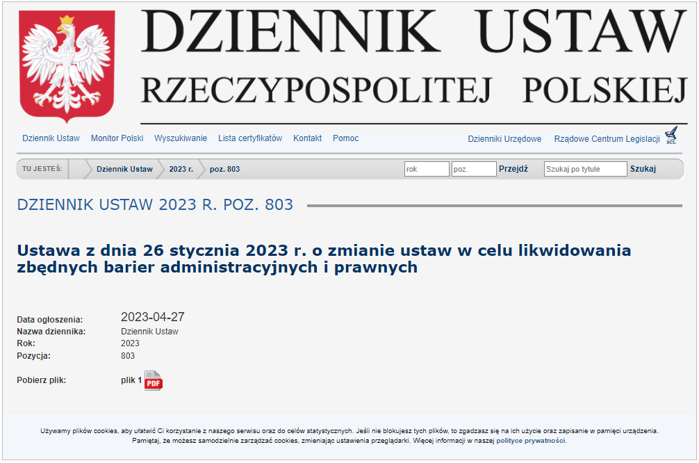 Ilustracja przedstawia zrzut ekranu z Dziennika Ustaw Rzeczypospolitej Polskiej