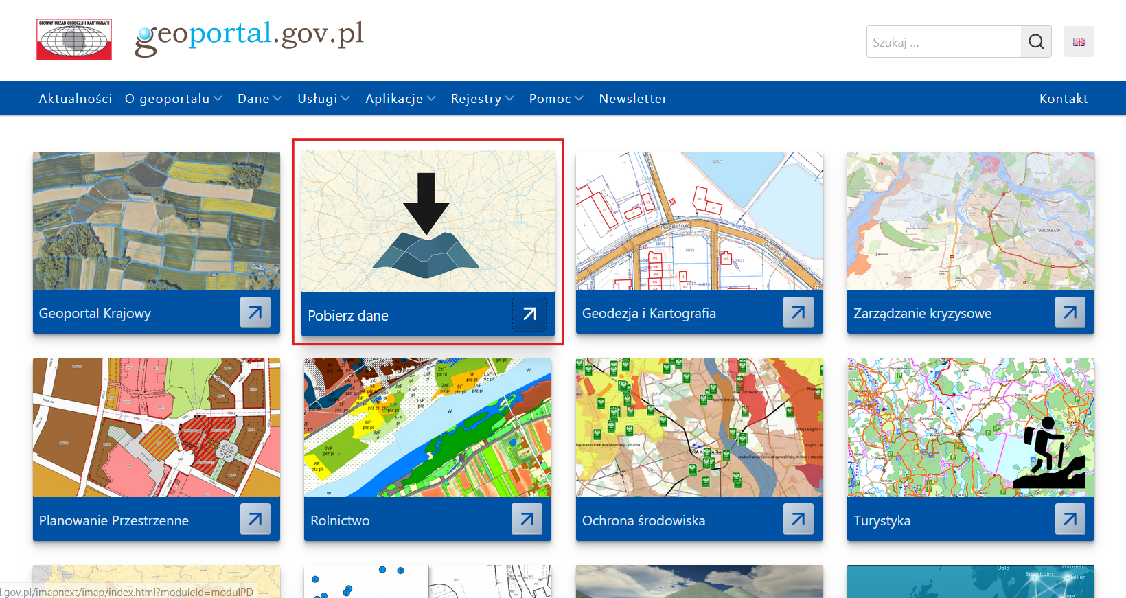 Ilustracja przedstawia stronę główną www.geoportal.gov.pl z zaznaczonym modułem "Pobierz dane", w którym jest dostępna nowa usługa