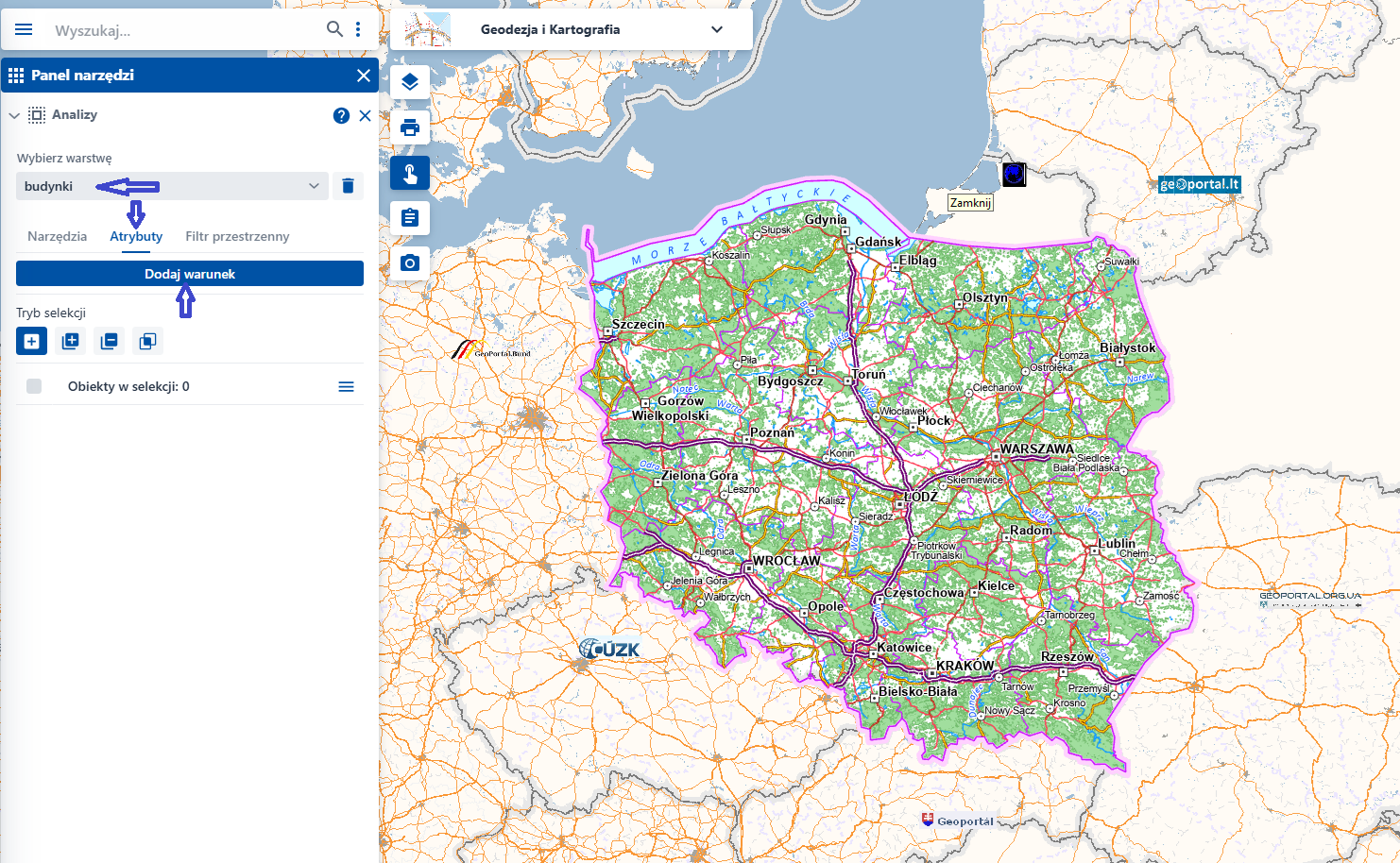 Ilustracja przedstawia przykład wyboru klasy BDOT10k i stworzenia warunku atrybutowego.