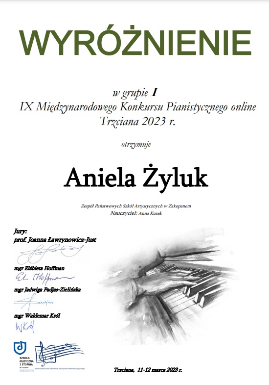 Aniela Żyluk otrzymała wyróżnienie dyplom konkursu