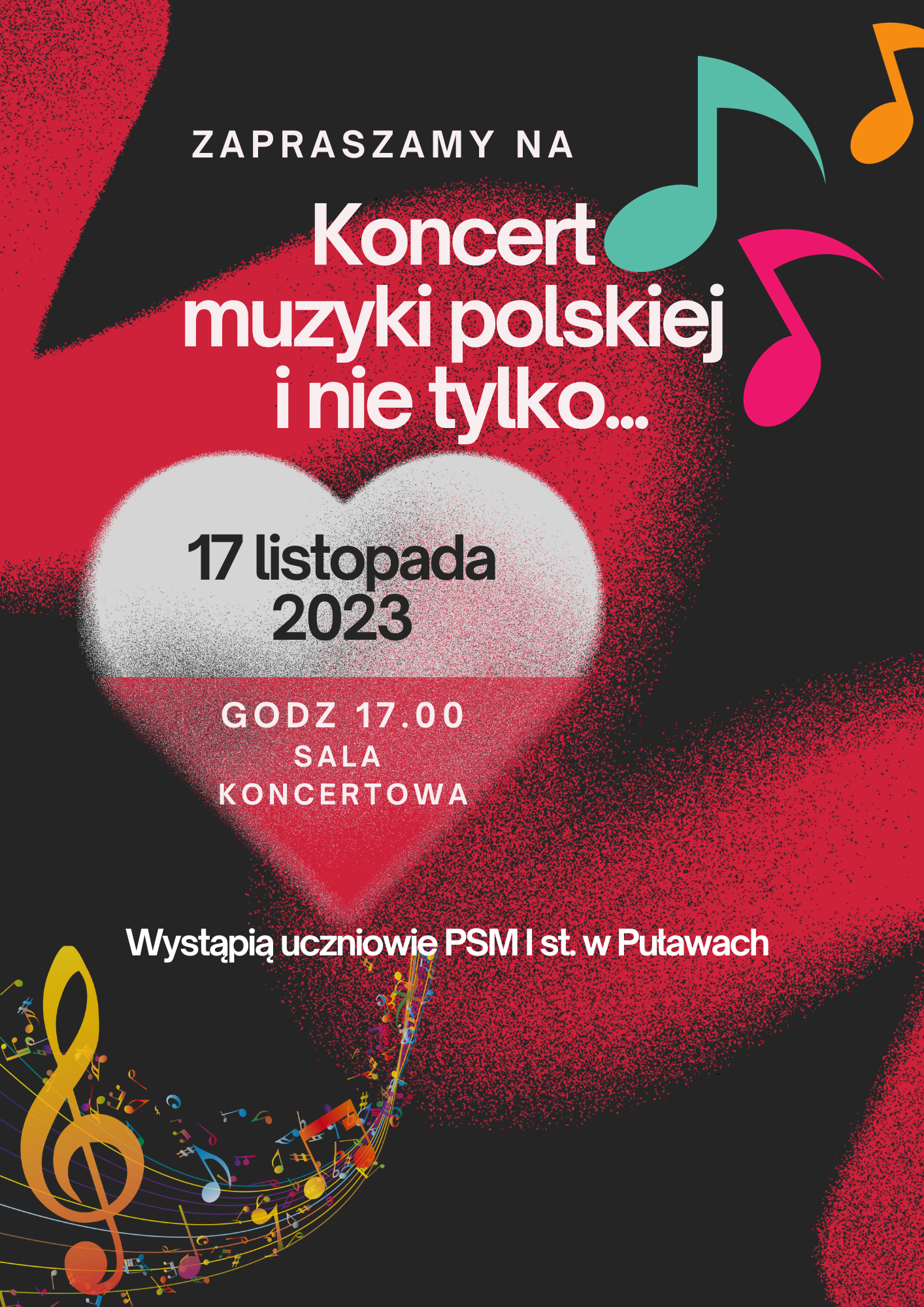 Plakat w kolorze czarnym i czerwonym ze szczegółami koncertu