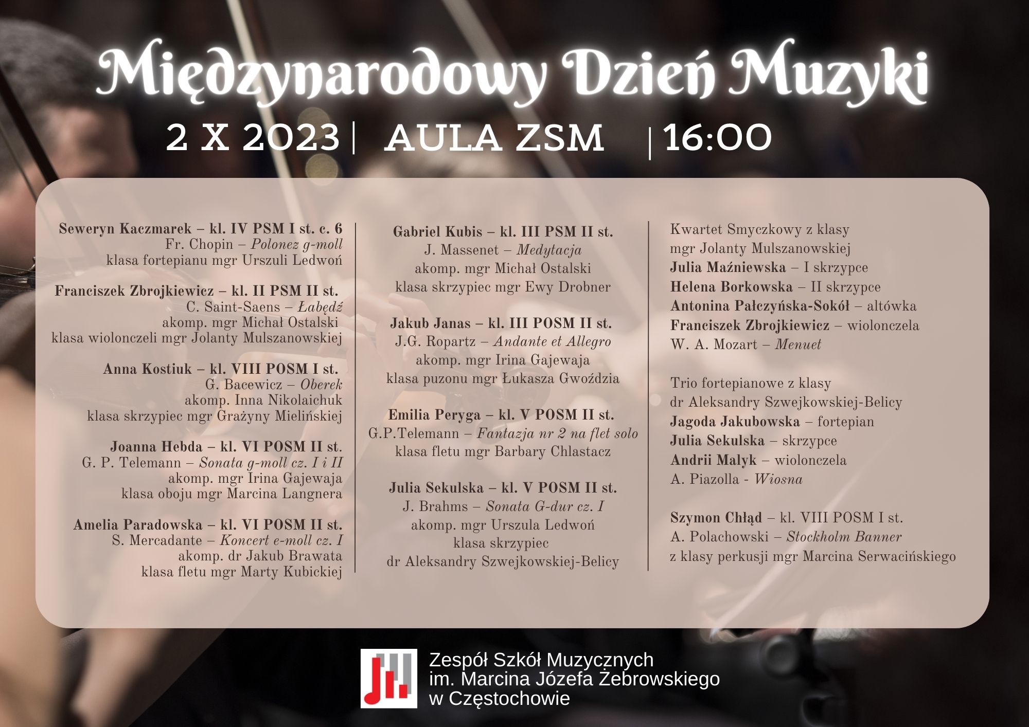 Na tle duetu skrzypcowego nazwa i szczegółowy program koncertu.