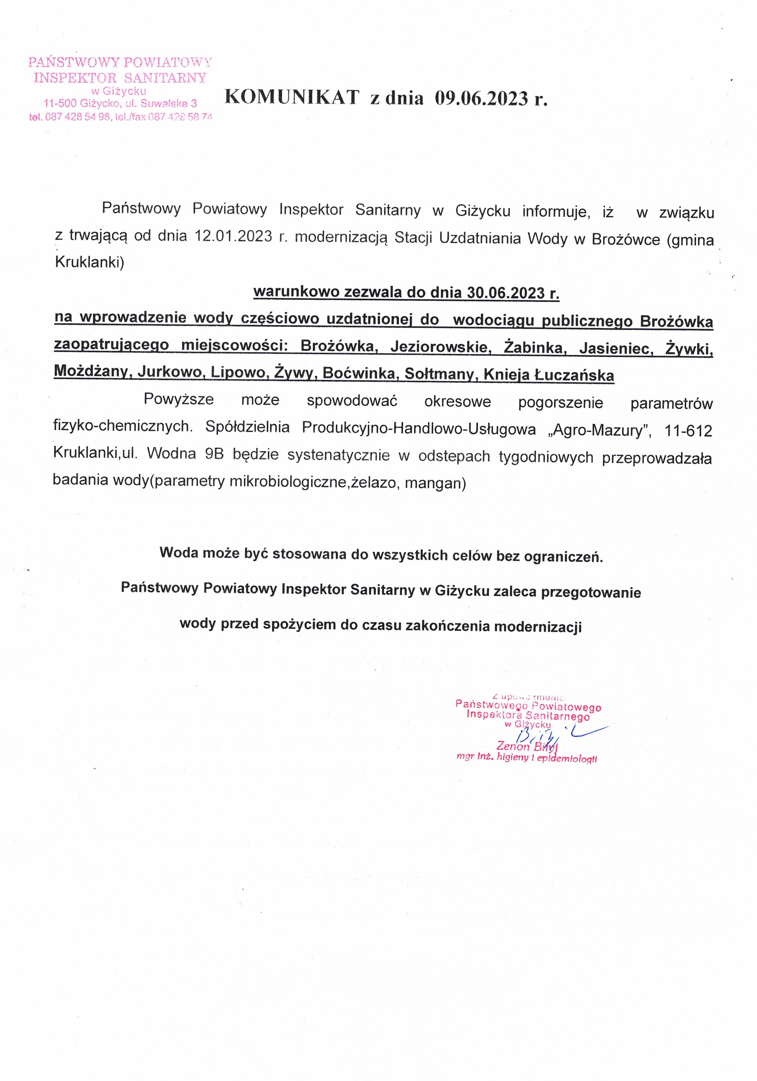 Komunikat z dnia 09.06.2023 r. (dot. wodociągu publicznego Brożówka)