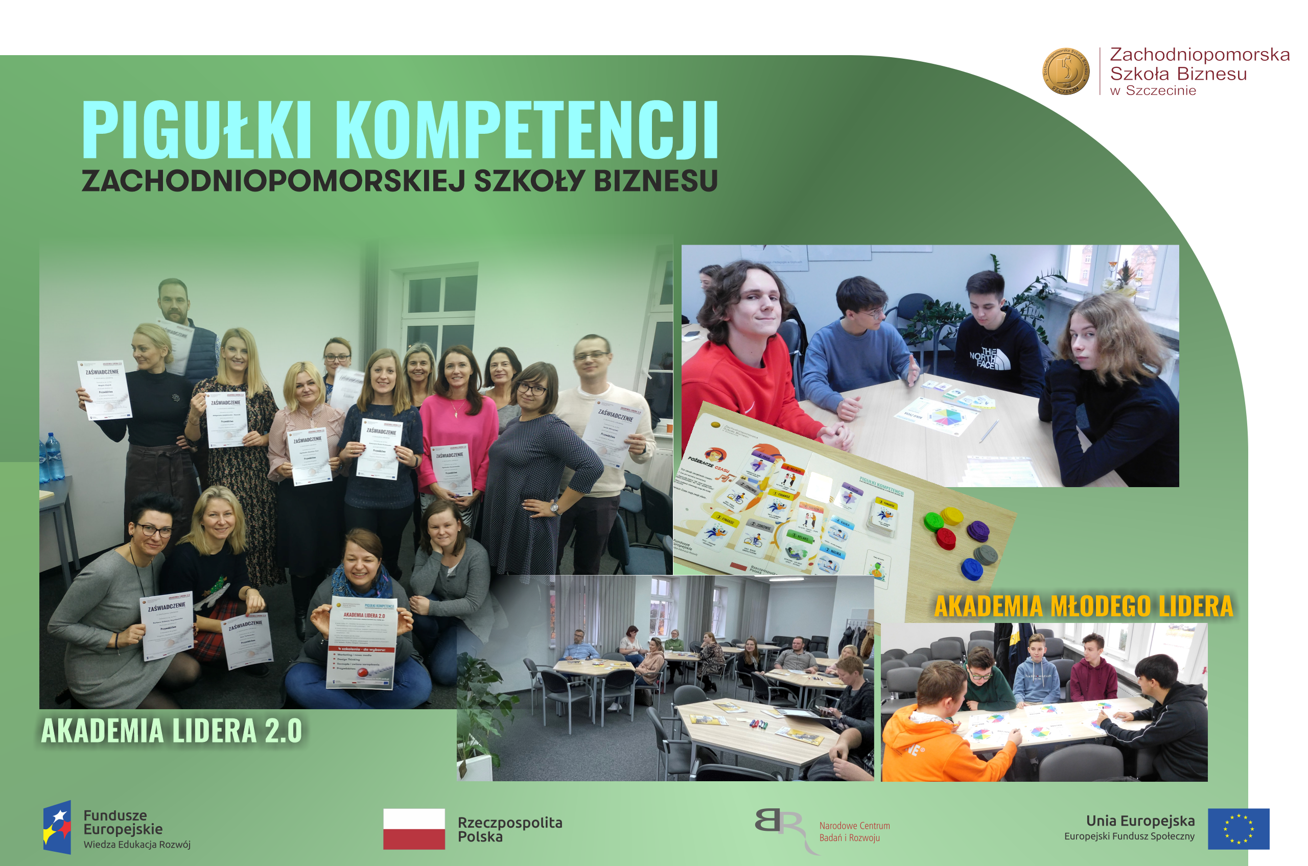 W ramach projektu powstały dwa programy szkoleniowe i : 1/ Akademia Młodego Lidera - ze szkoleniami: „Od gamera do kodera”, „Projekt przedsiębiorstwo” oraz 4 lekcje z kompetencji społecznych: „Autoprezentacja”, „Zarządzanie czasem”, „Zarządzanie stresem”, „Wyznaczanie celów”. 2/ Akademia Lidera 2.0 – ze szkoleniami: „Marketing i nowe media”, „Design Thinking”, „Szczupłe i zwinne zarządzanie”, „Przywództwo”. Ze szkoleń skorzystało już ponad 700 osób, docelowo będzie to 1200 uczestników kursów. Szkolenia odbywały się online, ale także stacjonarnie, w czterech miastach: Szczecinie, Gryficach, Stargardzie i Świnoujściu, zarówno w siedzibie uczelni, jak i w szkołach średnich i podstawowych.