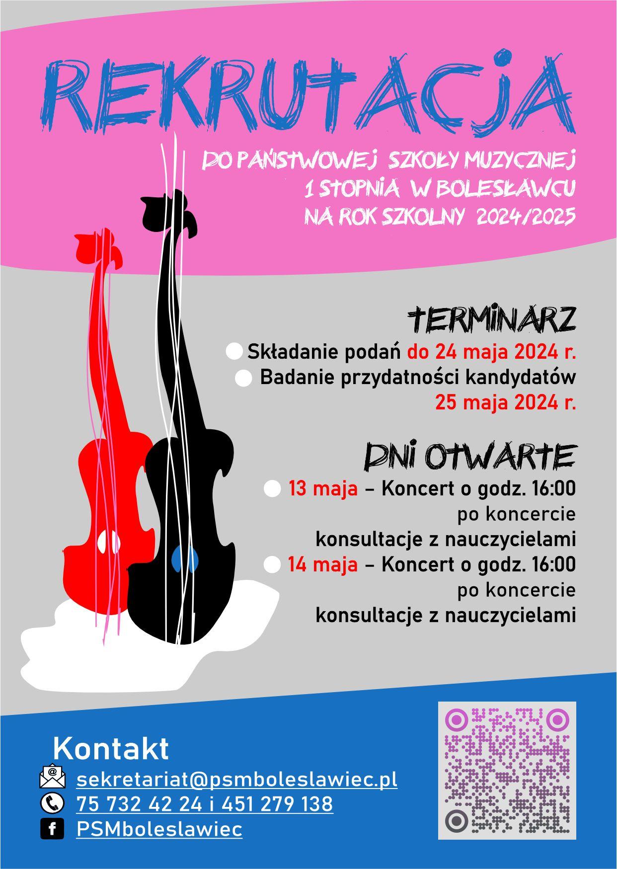 Grafika w odcieniach różu, szarości i koloru niebieskiego, z rysunkowym przedstawieniem dwóch wiolonczel w kolorze czarnym i czerwonym. W tle znajdują się następujące informacje: "Rekrutacja do Państwowej Szkoły Muzycznej I stopnia w Bolesławcu na rok szkolny 2024/2025. Terminarz: składanie podań do 24 maja 2024 r., badanie przydatności kandydatów - 25 maja 2024 r. Dni otwarte: 13 maja - koncert o godz. 16.00, po koncercie konsultacje z nauczycielami; 14 maja - koncert o godz. 16.00, po koncercie konsultacje z nauczycielami. Kontakt: sekretariat@psmboleslawiec.pl; telefon 75 732 42 24 i 451 279 138. Facebook: PSMboleslawiec".