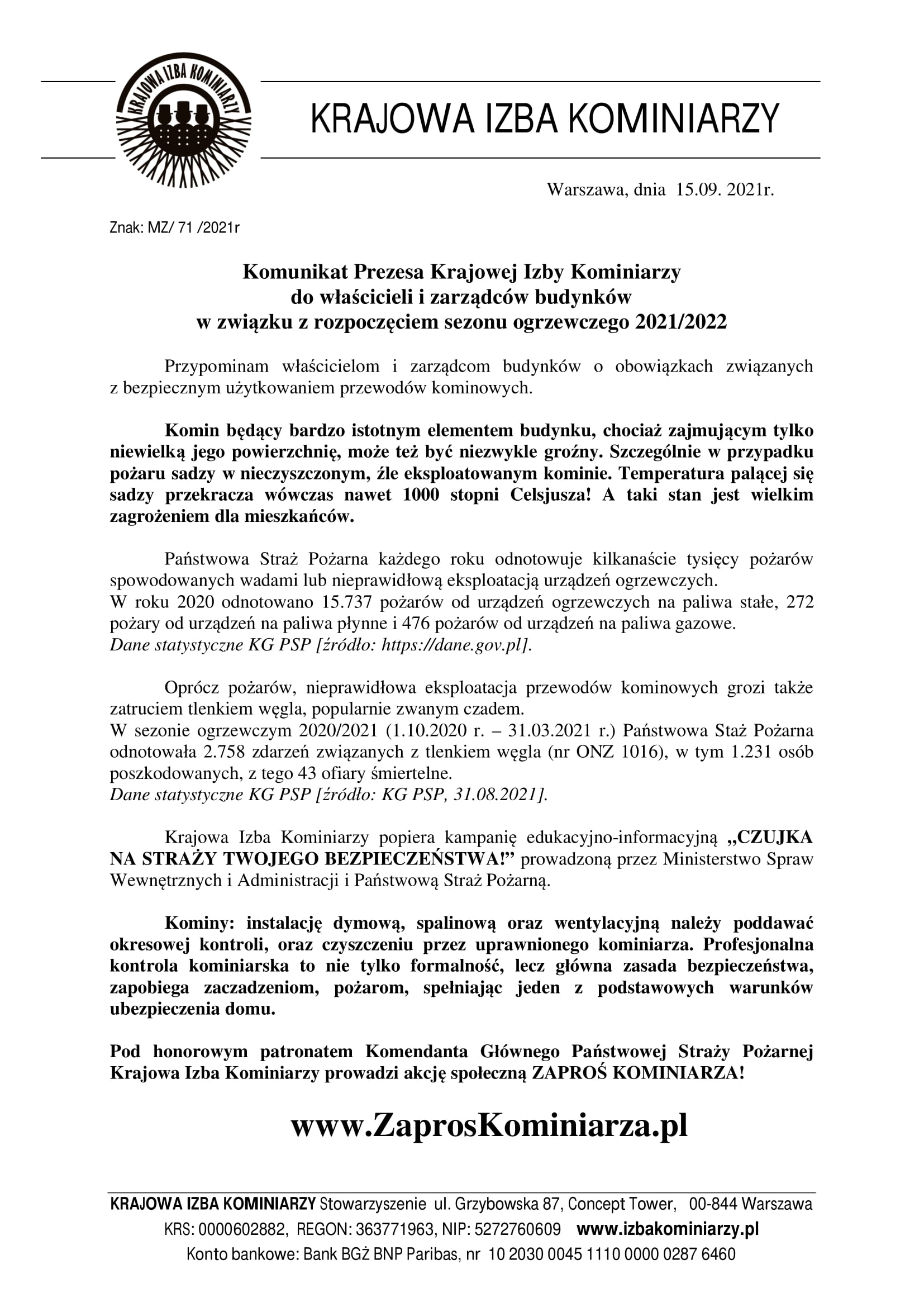 Komunikat Prezesa Krajowej Izby Kominiarzy