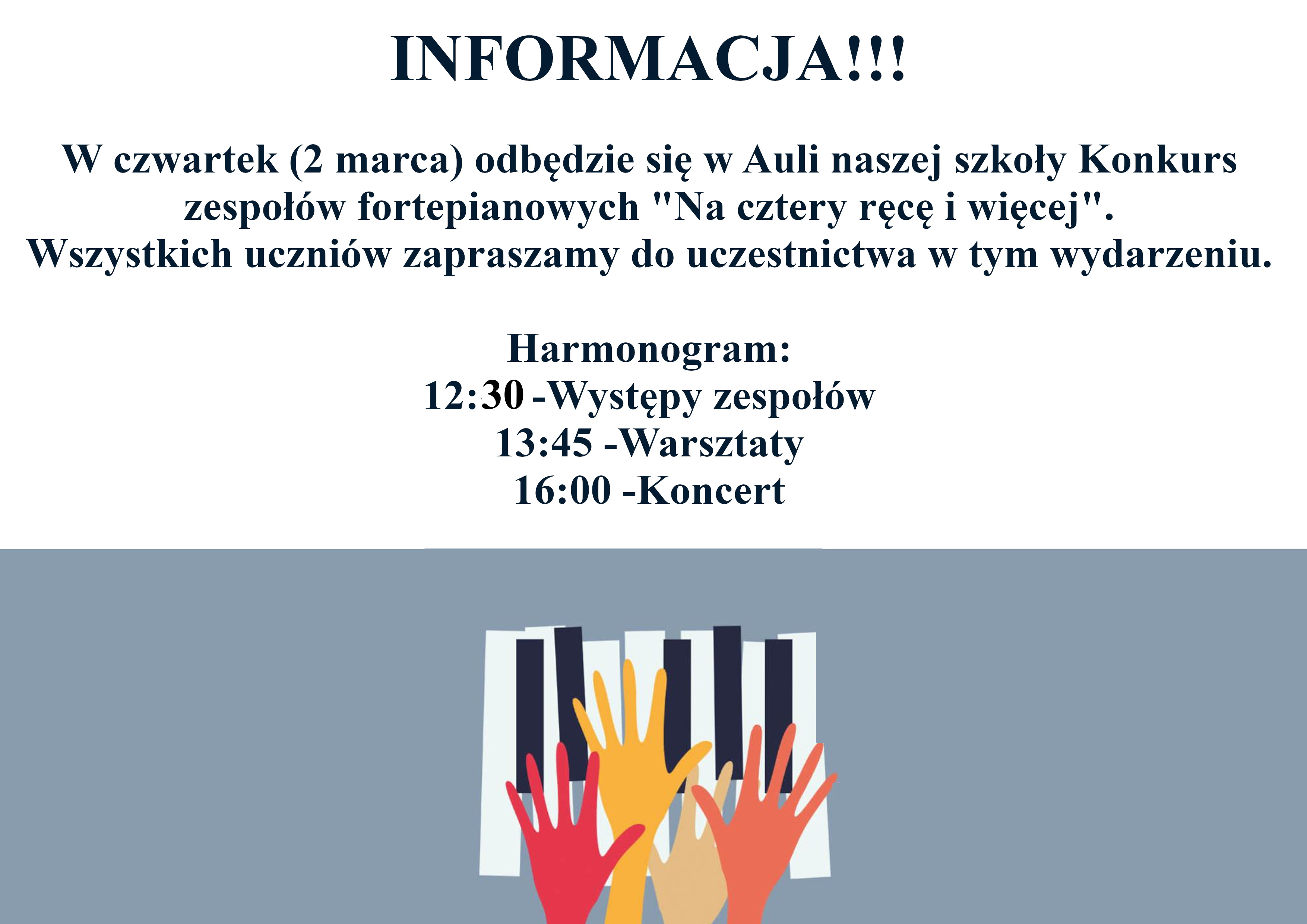 Grafika przedstawia cztery kolorowe dłonie grające na fortepianie