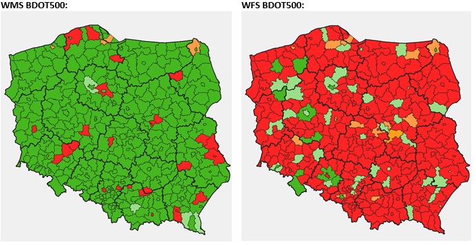 mapy prezentujące stan zgłoszonych usług WMS i WFS BDOT500