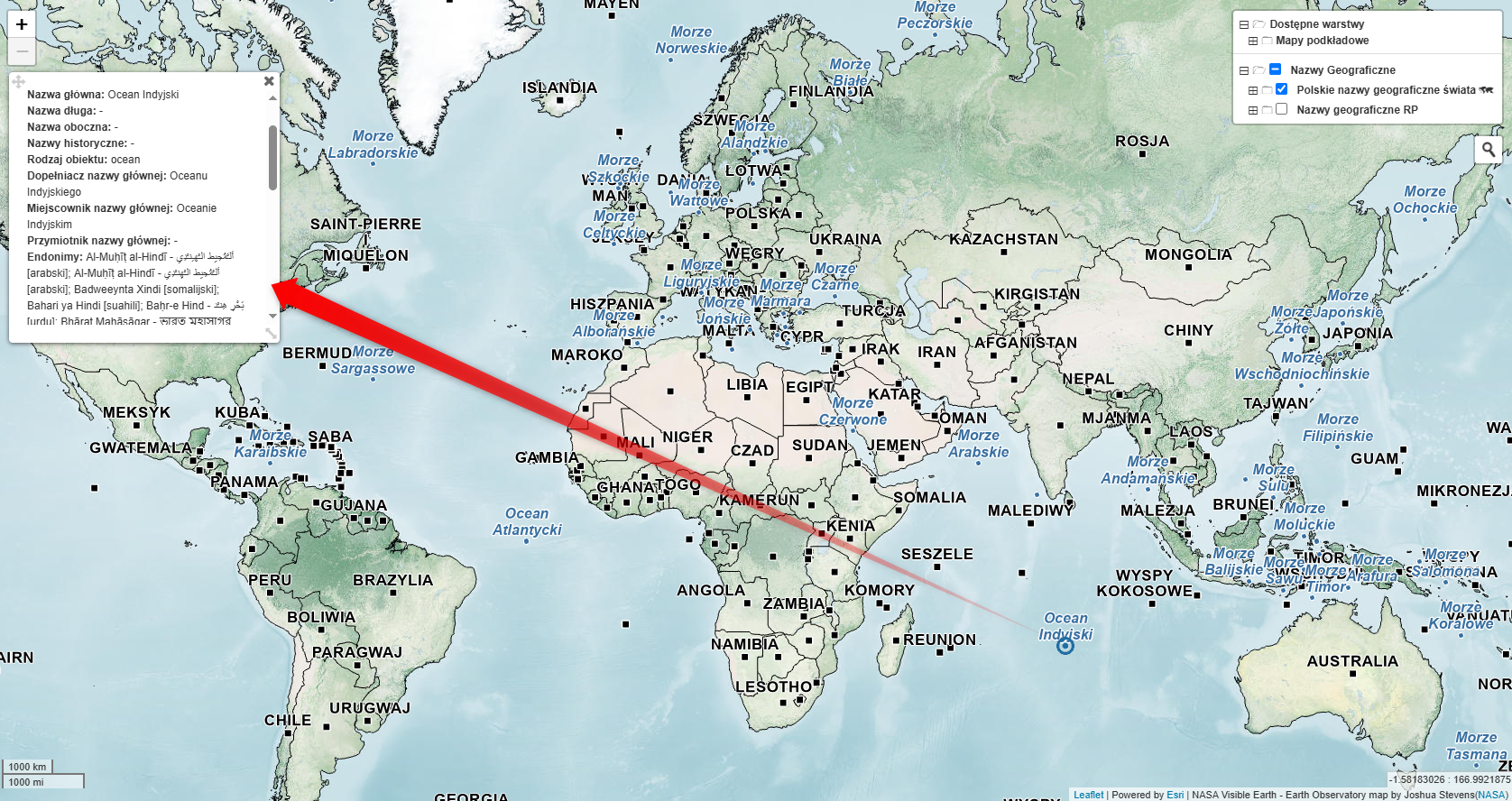 Zrzut ekranu ze strony głównej „Przeglądarki nazw świata PRNG” z pokazanym oknem z endonimami dla Oceanu Indyjskiego