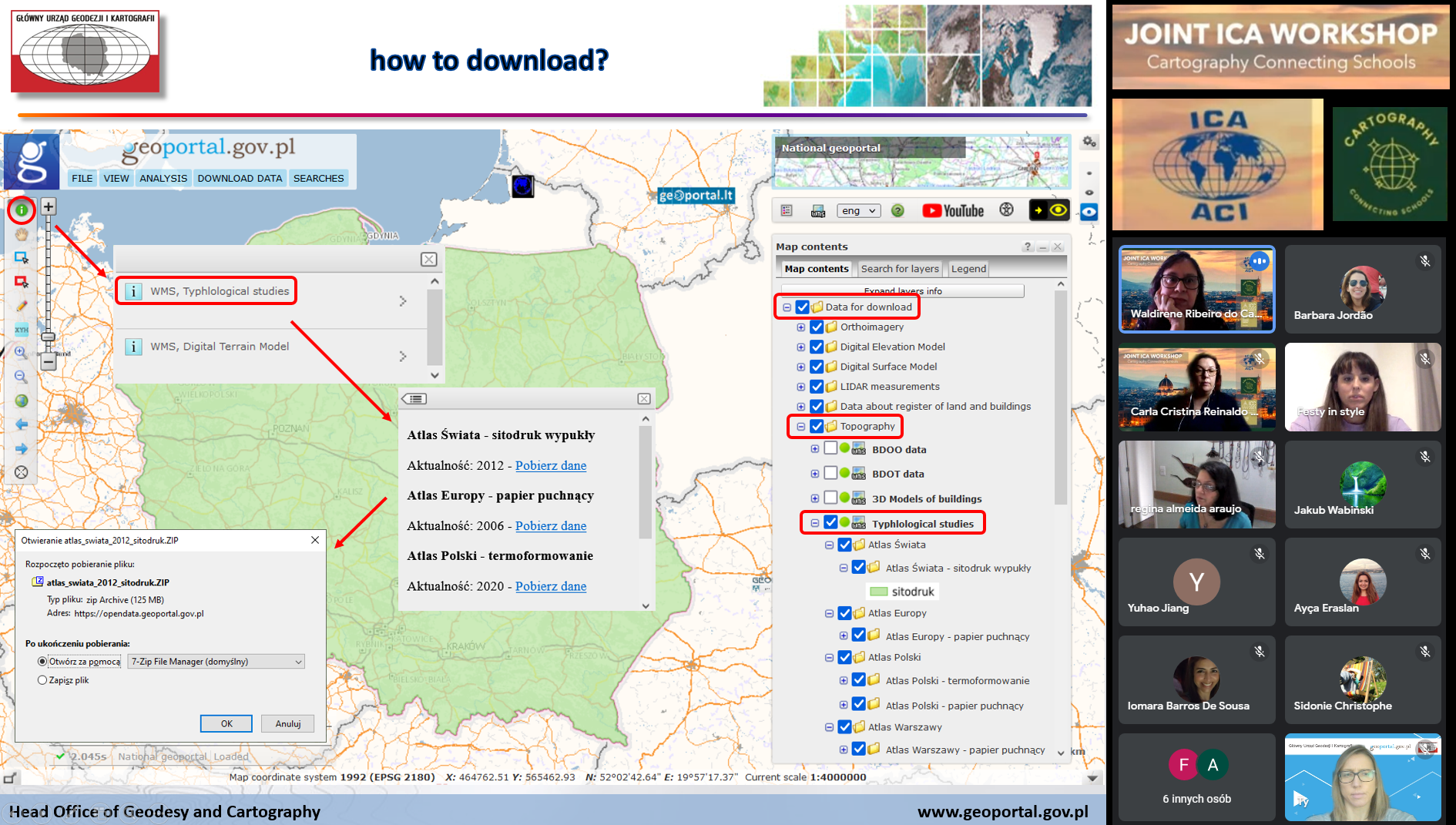 Ilustracja przedstawia zrzut ekranu prezentujący slajd prezentacji GUGIK z instrukcją pobierania danych tyflologicznych z serwisu www.geoportal.gov.pl
