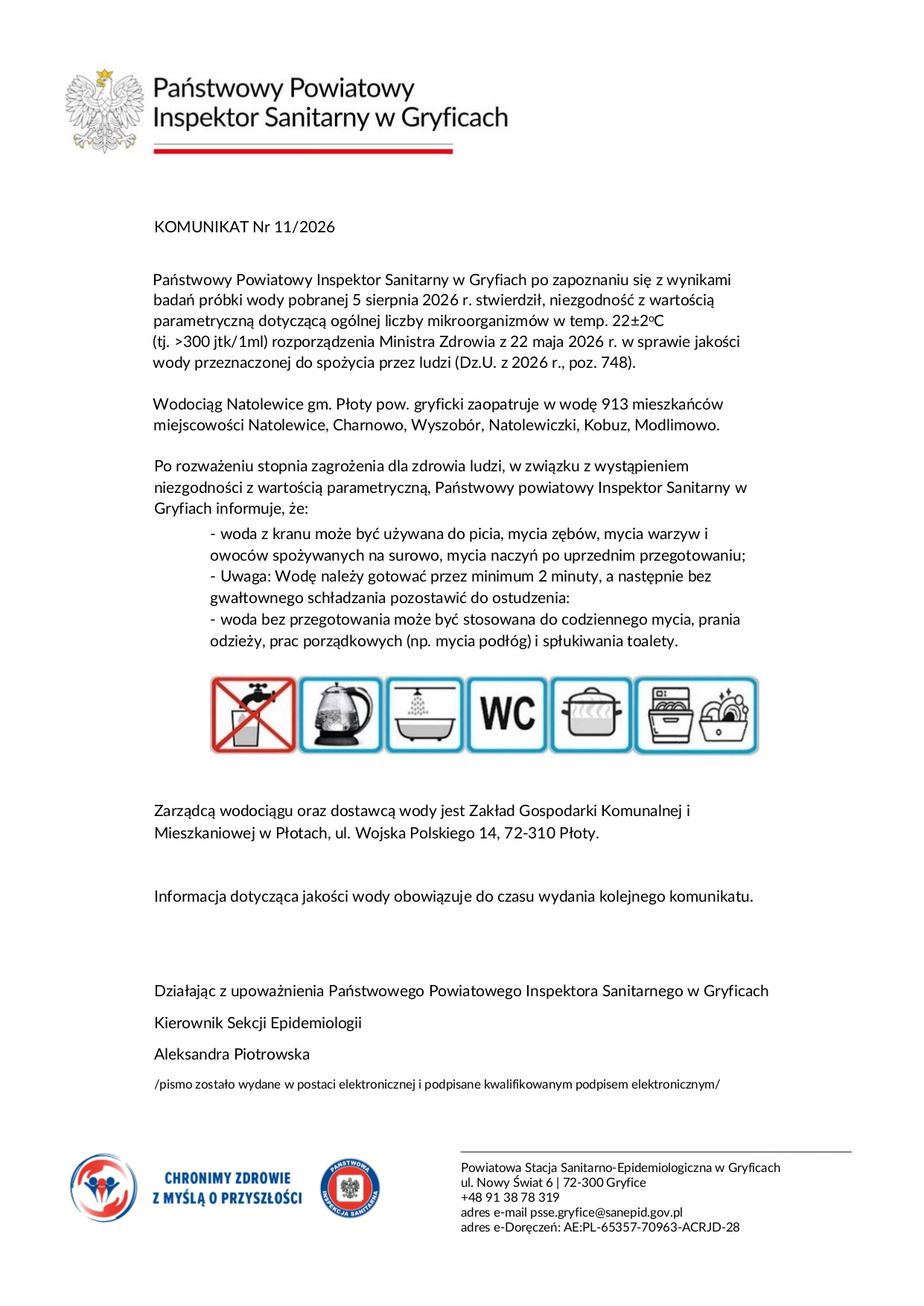 Komunikat PPIS w Gryficach nr 11/2026 o warunkowej przydatności do spożycia wody z wodociągu Natolewice. Woda do picia wymaga przegotowania. Grafika zawiera piktogramy zasad korzystania z wody.