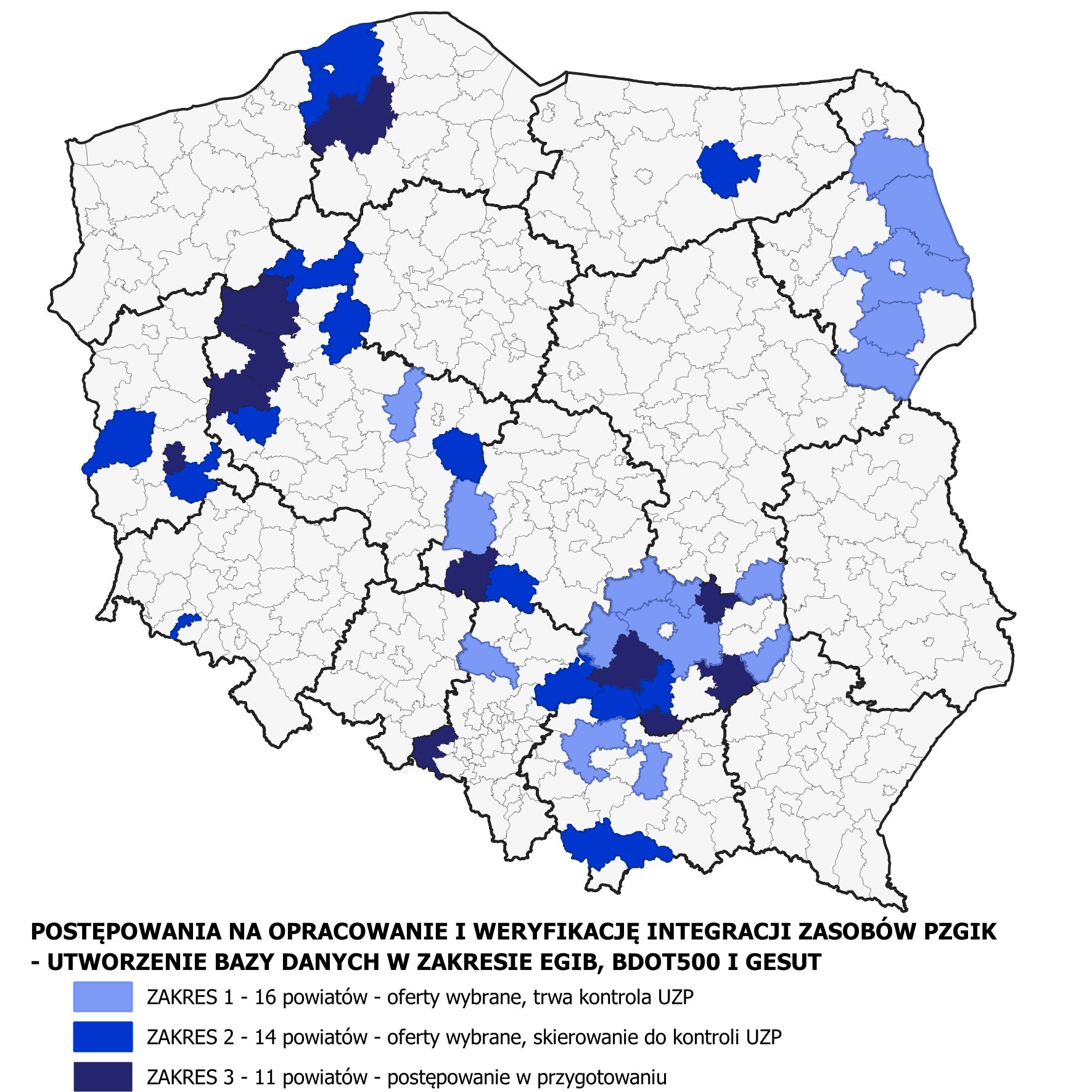 Rysunek przedstawia stan realizacji zamówień na opracowanie i weryfikację zasobów pzgik - utworzenie bazy danych zakresie EGIB, BDOT500 i GESUT