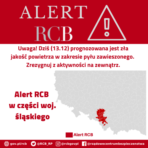 ALERT RCB - SMOG 13 grudnia – cześć powiatów w woj. śląskim.