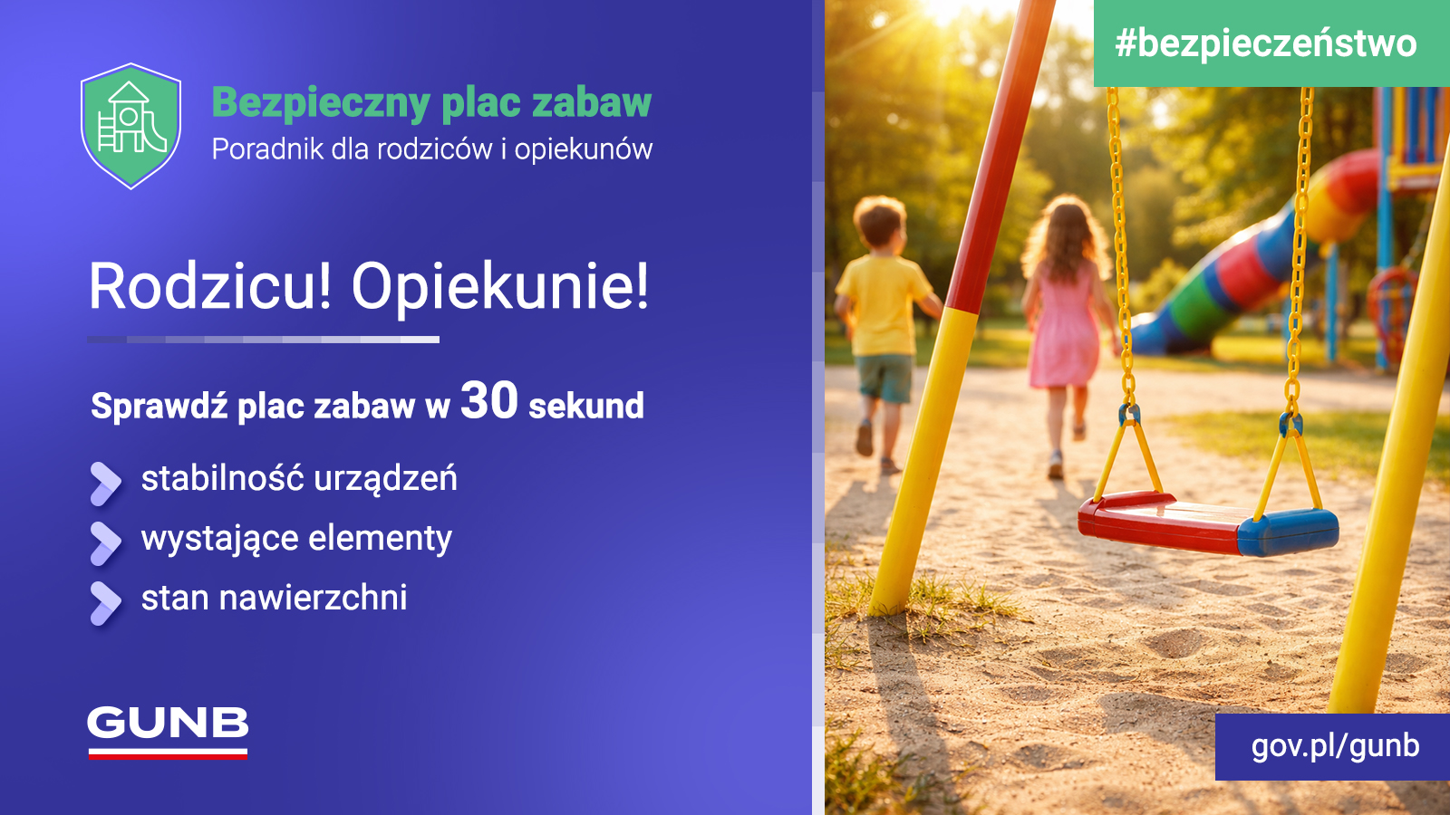 Plakat informacyjny o bezpieczeństwie na placu zabaw – po lewej tekst „Bezpieczny plac zabaw. Poradnik dla rodziców i opiekunów. Rodzicu! Opiekunie! Sprawdź plac zabaw w 30 sekund ” z listą: stabilność urządzeń, wystające elementy, stan nawierzchni; po prawej zdjęcie dzieci biegnących po placu zabaw obok huśtawki. Logo GUNB, #bezpieczeństwo, gov.pl/gunb