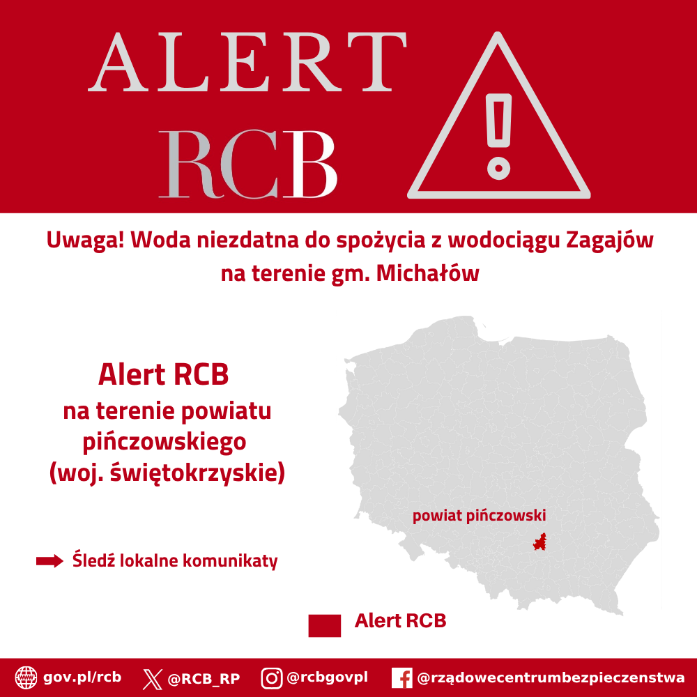 Alert RCB o treści: "Woda niezdatna do spożycia z wodociągu Zagajów na terenie gm. Michałów. Śledź lokalne komunikaty." z dnia 20 listopada 2025.
