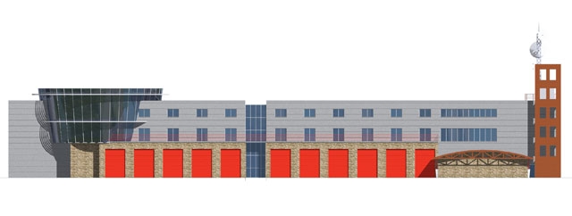 Wizualizacja strażnicy widok od placu wewnętrznego.Z lewej strony rotunda a z prawej wspinalnia