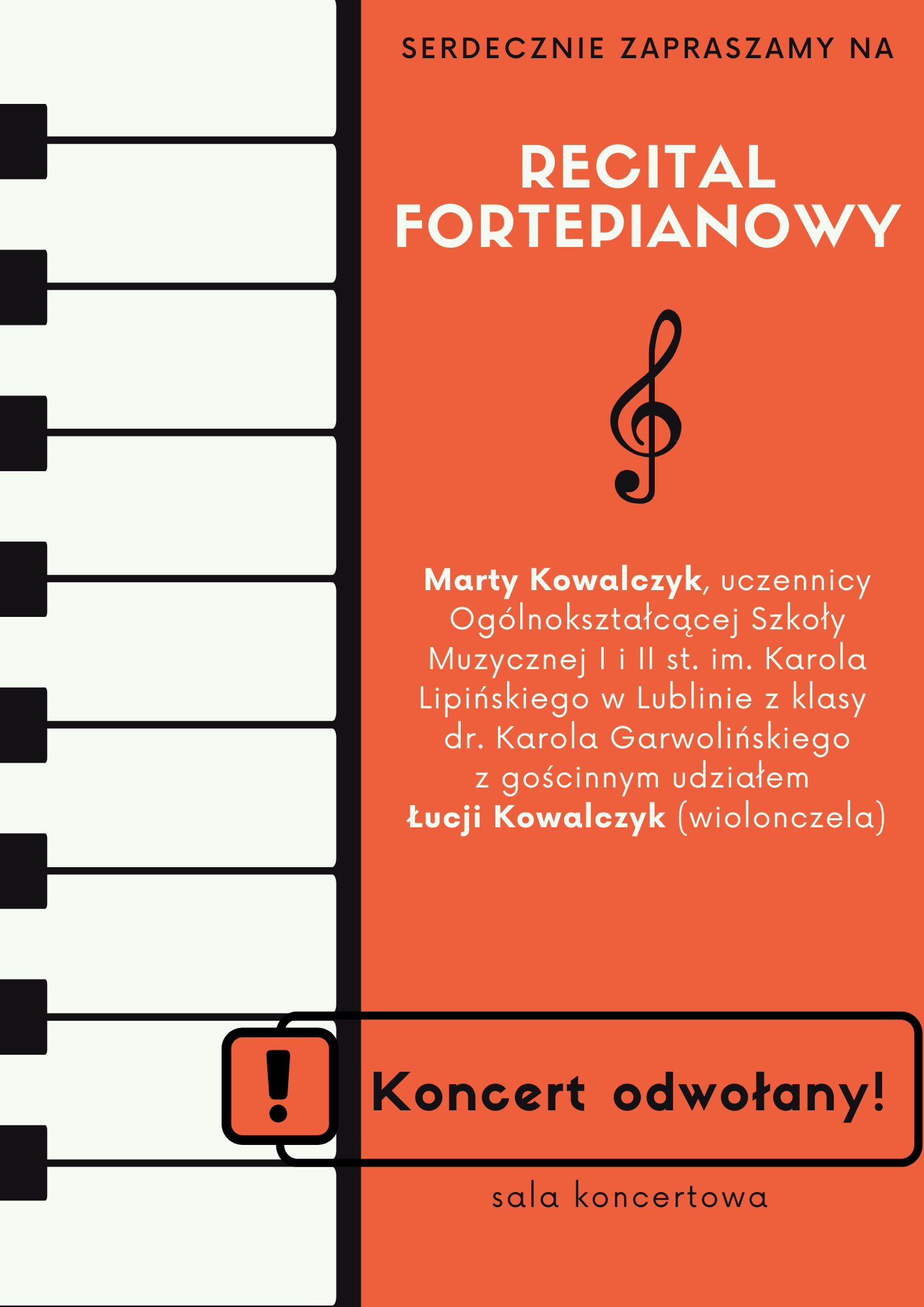 Plakat ze szczegółami koncertu na pomarańczowym tle z grafiką klawiatury fortepianu po lewej stronie oraz kluczem wiolinowym na środku plakatu