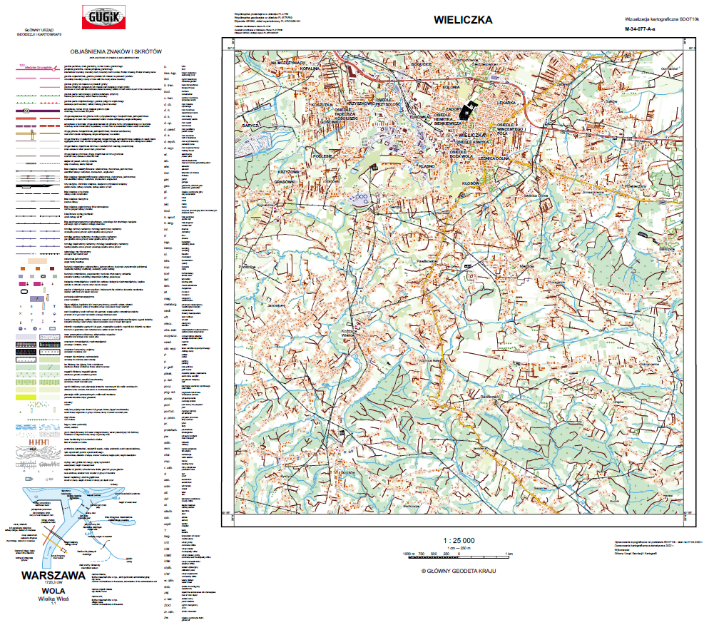 Ilustracja przedstawia przykładową wizualizację kartograficzną BDOT10k w skali 1:25000 dla miasta Warszawy.