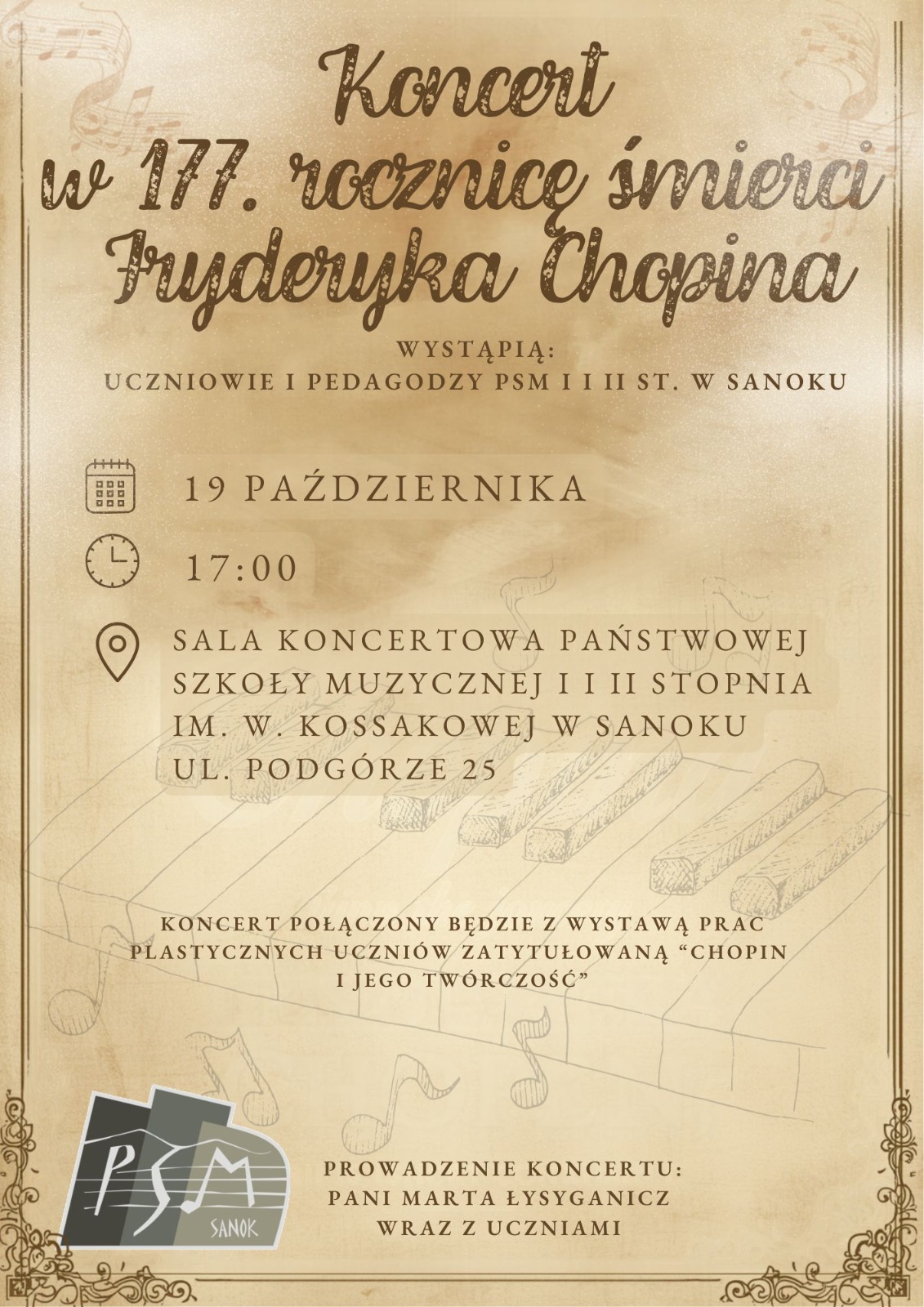 Plakat - koncert w 177. rocznicę śmierci Fryderyka Chopina 19.10.2026. Brązowe tło, klawiatura fortepianu, nuty