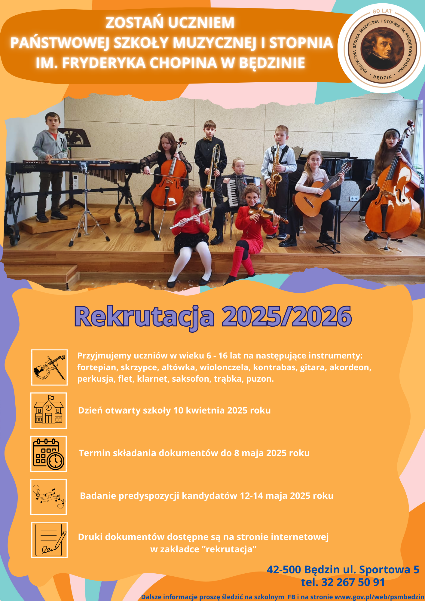plakat na pomarańczowym tle, na środku zdjęcie dzieci grających na instrumentach, na środku informacje o rekrutacji