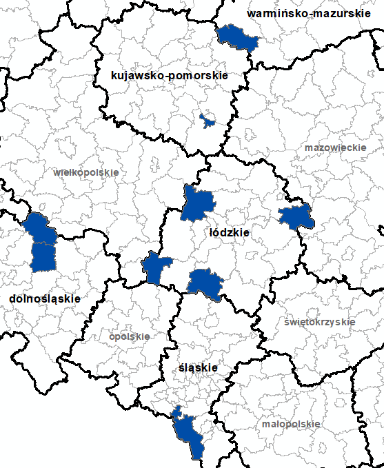 Ilustracja przedstawia obszary powiatów objętych aktualizacją zbiorów danych BDOT10k.