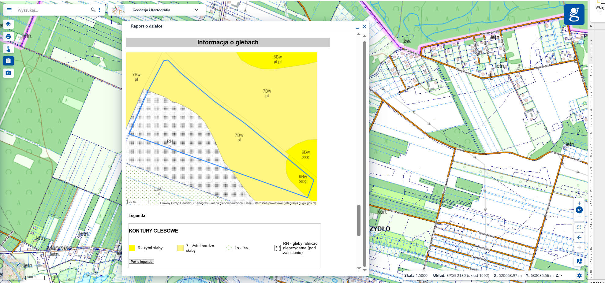 Ilustracja przedstawia widok okna sekcji "Informacje o glebach" w "Raporcie o działce".