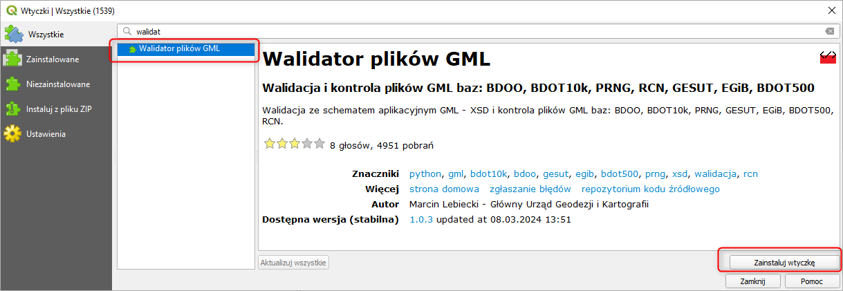 zrzut ekranu przedstawiający uruchomioną wtyczkę "Walidator plików GML"