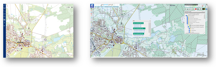 Ilustracja przedstawia zaktualizowany zbiór danych BDOT10k dla powiatu wołowskiego w Portalu BDOT10k oraz w usłudze Baza Danych Obiektów Topograficznych.