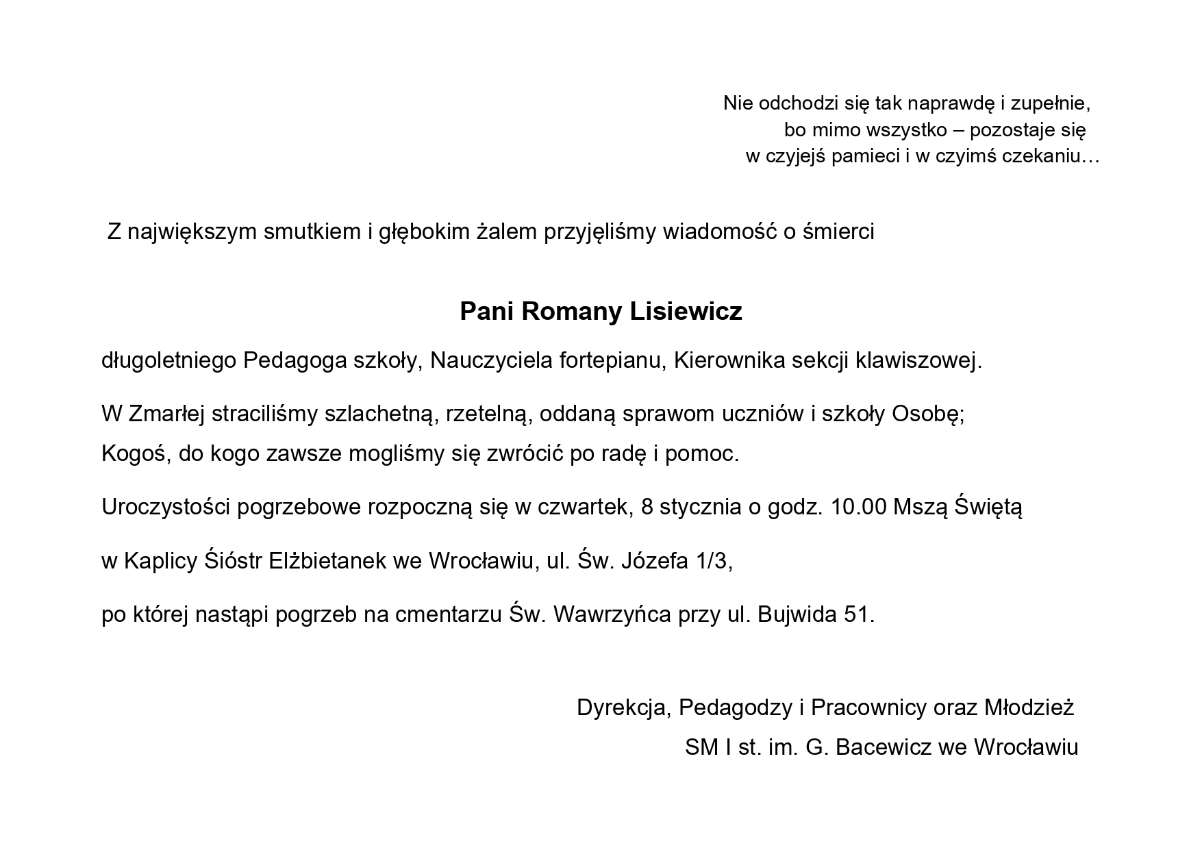 Na białym tle, tekst w kolorze czarnym dotyczący nekrologu Pani Romy Lisiewicz.