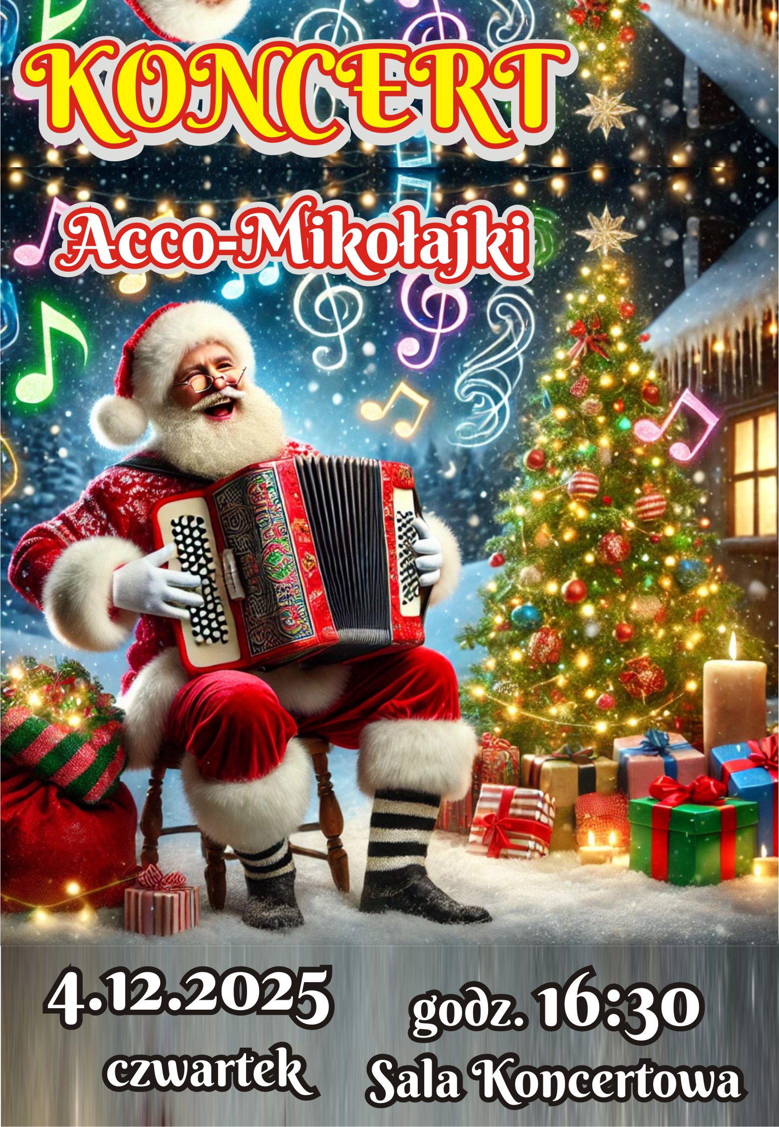 Plakat koncertu Acco Mikołajki. Na zdjęciu Mikołaj grający na akordeonie, choinka, prezenty.