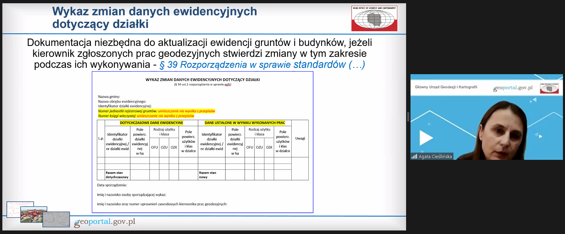 Zrzut ekranu z programu ZOOM. Po lewej fragment prezentacji, a po prawej Agata Cieślińska podczas szkolenia dla weryfikatorów.