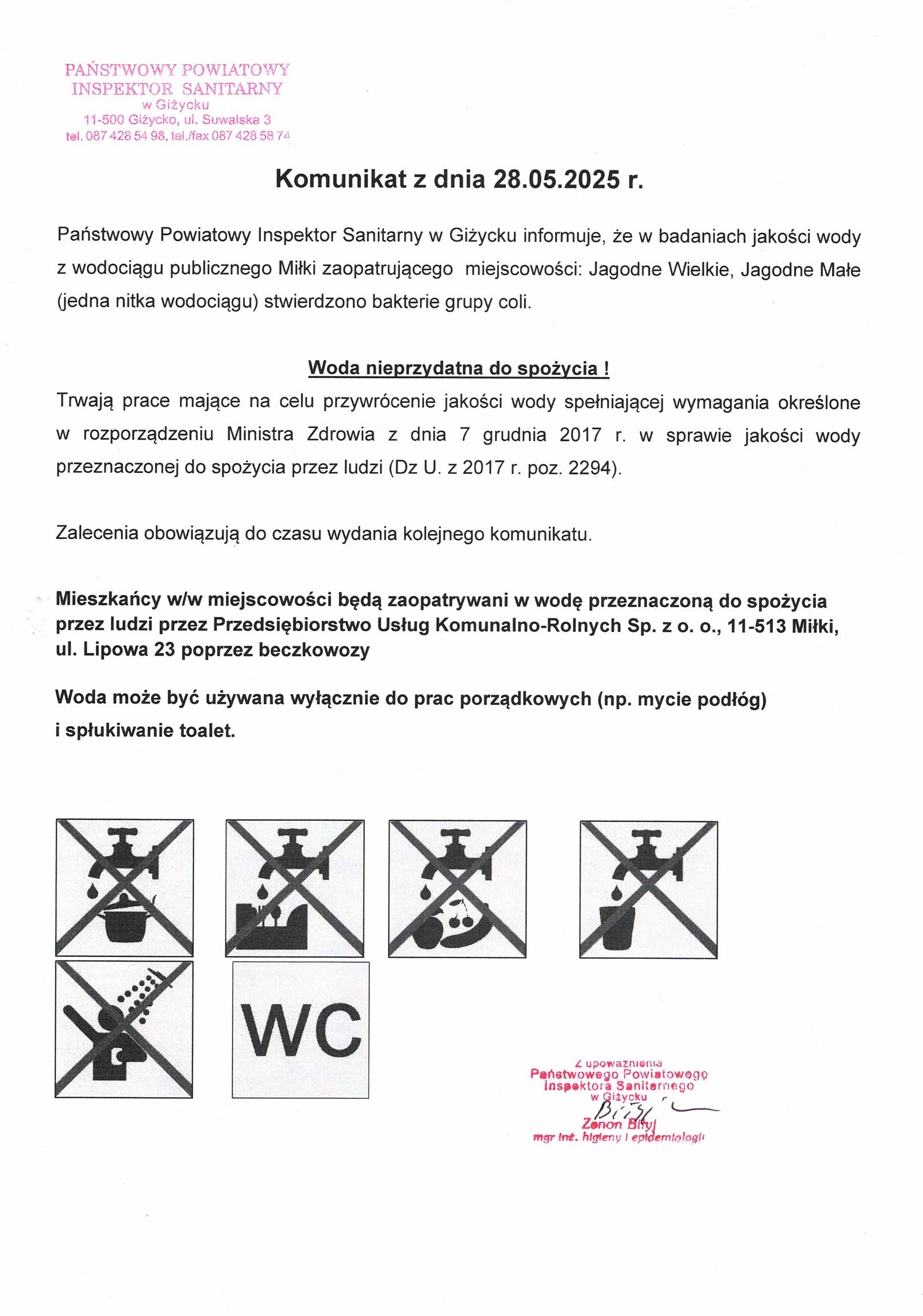 Komunikat z dnia 28.05.2025 r. (dot. wodociągu publicznego Miłki)