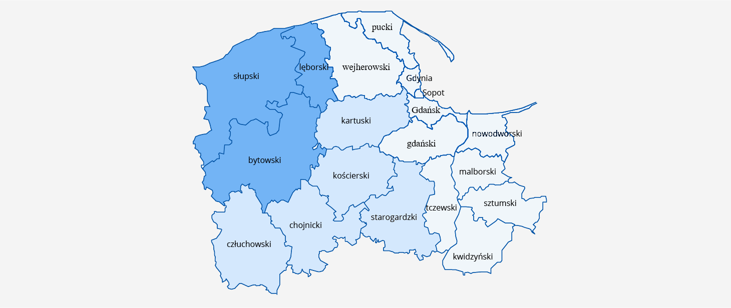 Mapa z podziałem na delegatury kolorem niebieskim oznaczone: Słupski, Bytowski, lęborski; kolorem jasnoniebieskim oznaczone: Kartuski, Kościerski, Chojnicki, Człuchowski oraz kolorem białym oznaczone Starogradzki, Tczewski, Malborski, Sztumowski I Kwidzyński