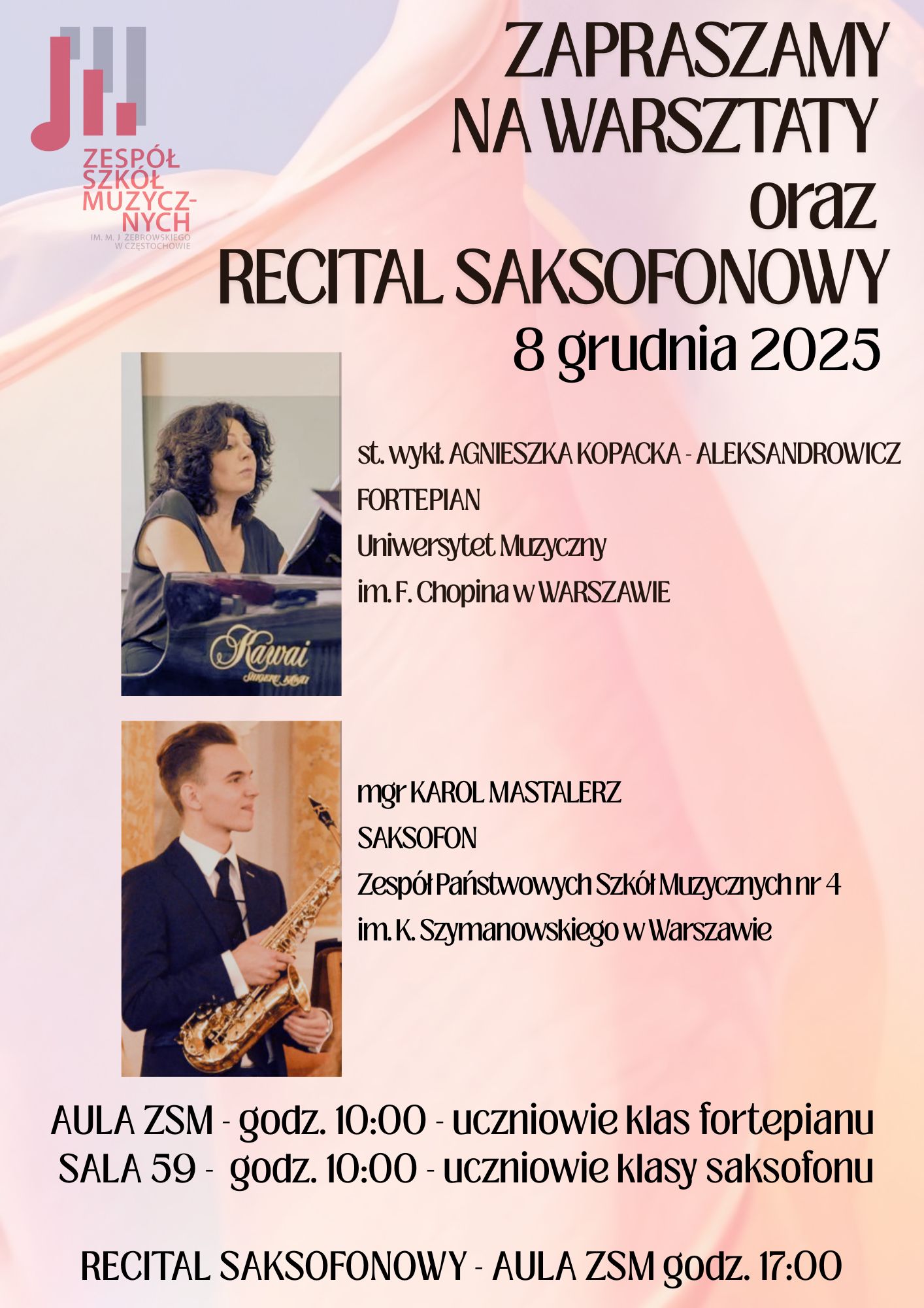 Beżowe tło, zdjęcia p. Karola Mastalerza i Agnieszki Kopackiej - Aleksandrowicz, tekst dotyczący warsztatów saksofonowych i pianistycznych oraz recitalu 8 grudnia 2025 r. 