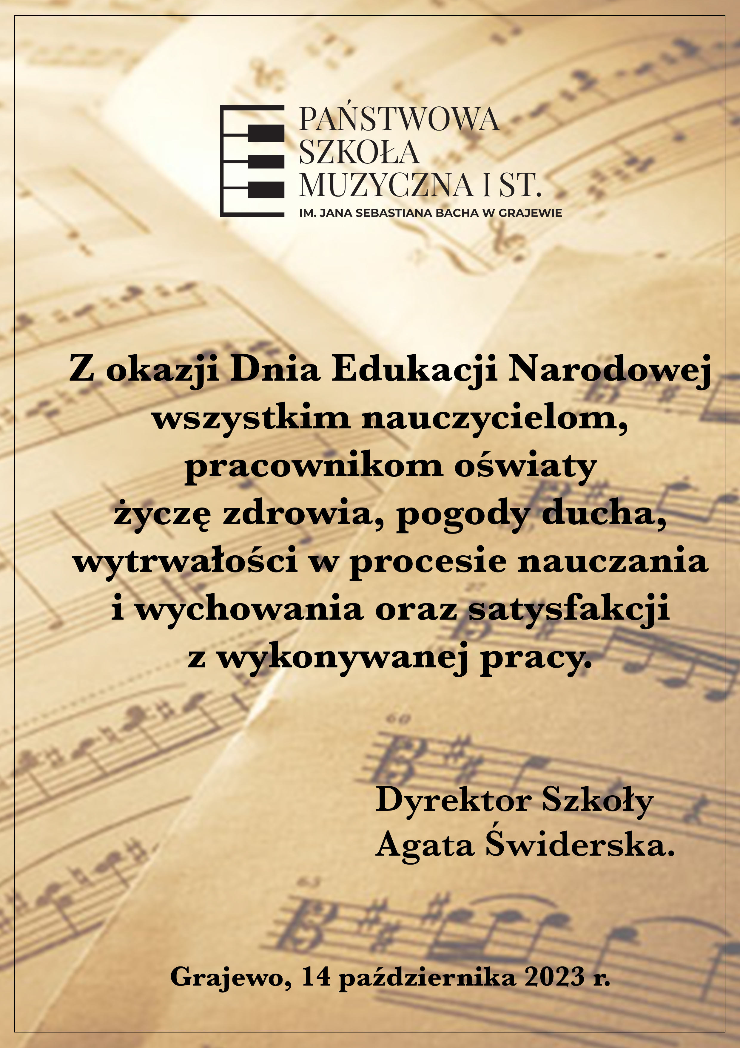 Na tle grafiki nut czarnymi napisami życzenia z okazji Dnia Edukacji Narodowej. U góry plakatu logo szkoły. 