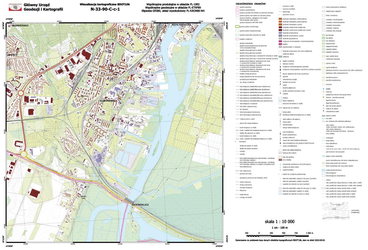 Ilustracja przedstawia przykładową wizualizację kartograficzną BDOT10k.