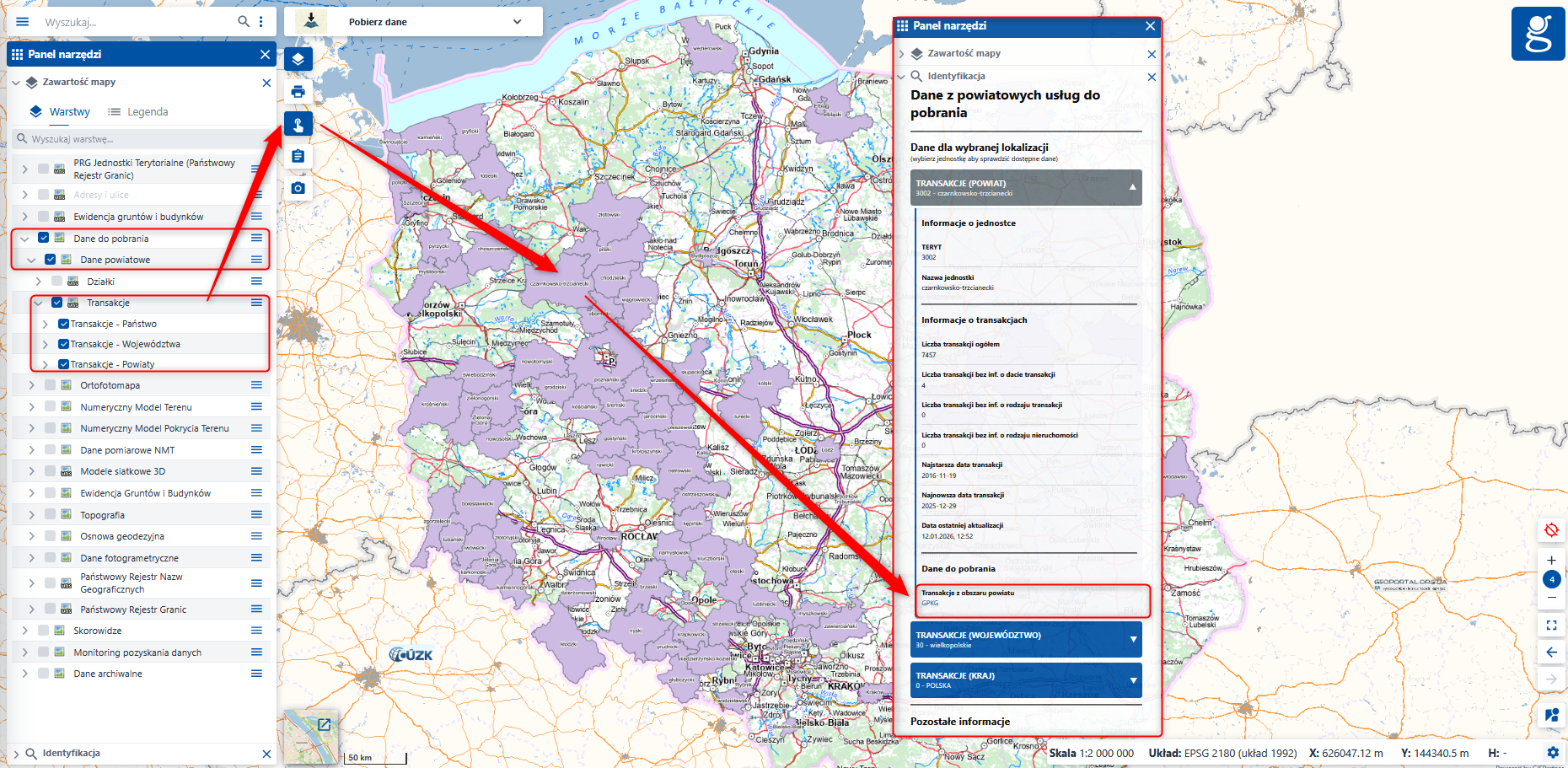 Ilustracja przedstawia mapę z informacjami z warstwy "Transakcje"