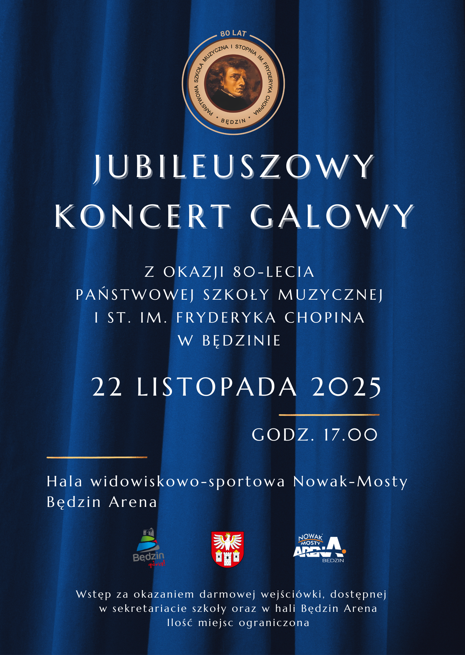 plakat na kotarowym granatowym tle, na środku napisy, od góry logo szkoły