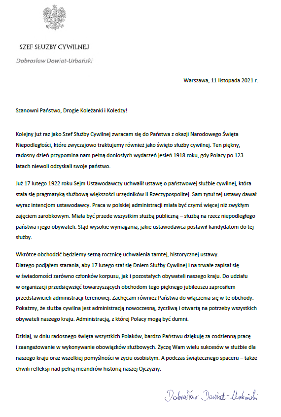 List Szefa Służby Cywilnej do członków korpusu służby cywilnej
